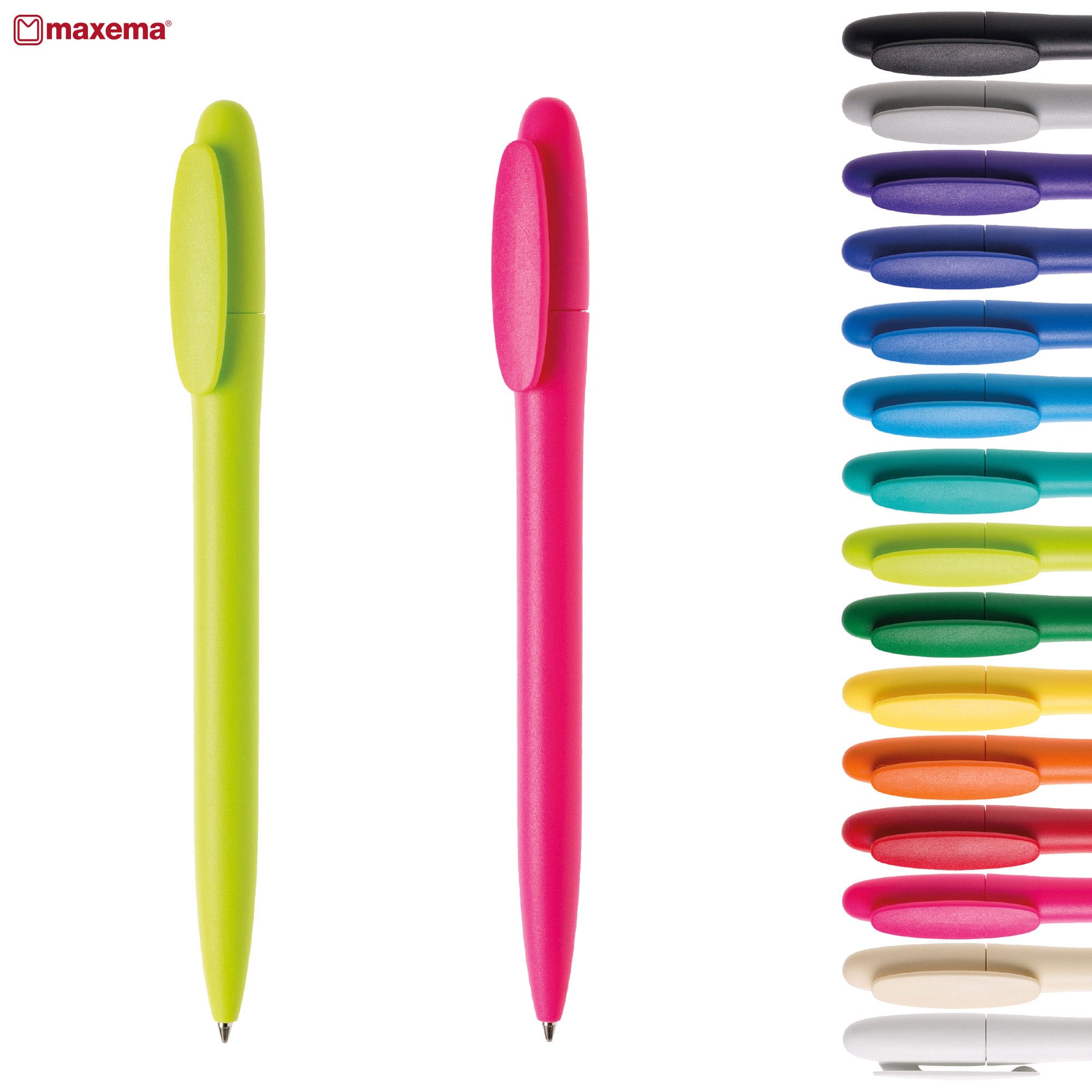 A green and pink plastic pen alongside a range of colourful pens, featuring a logo. Bay P - Image 1