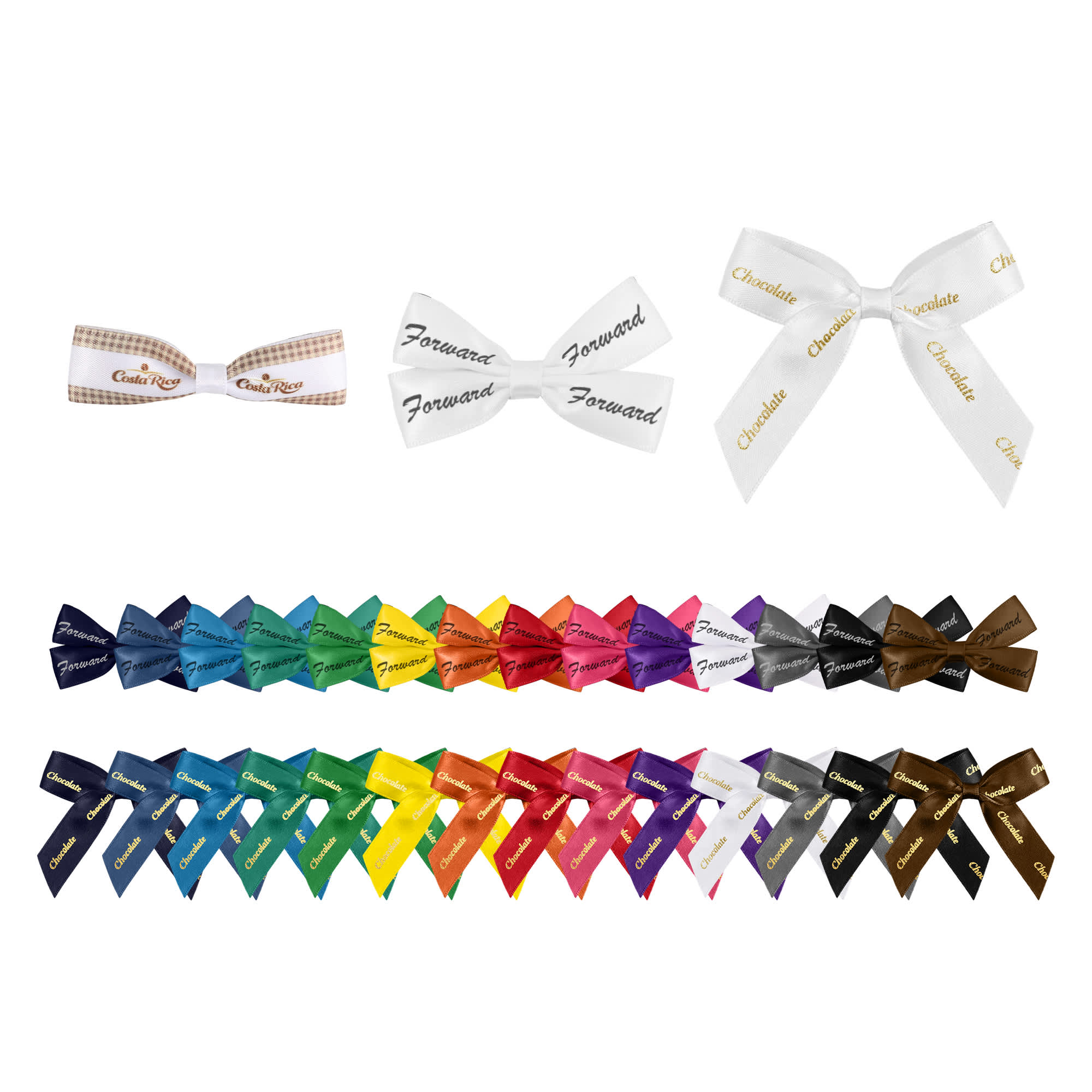 A collection of hair clip bows in various colours, including white, blue, green, and red, with some featuring patterns and text. Hair Clip Bows - Image 1