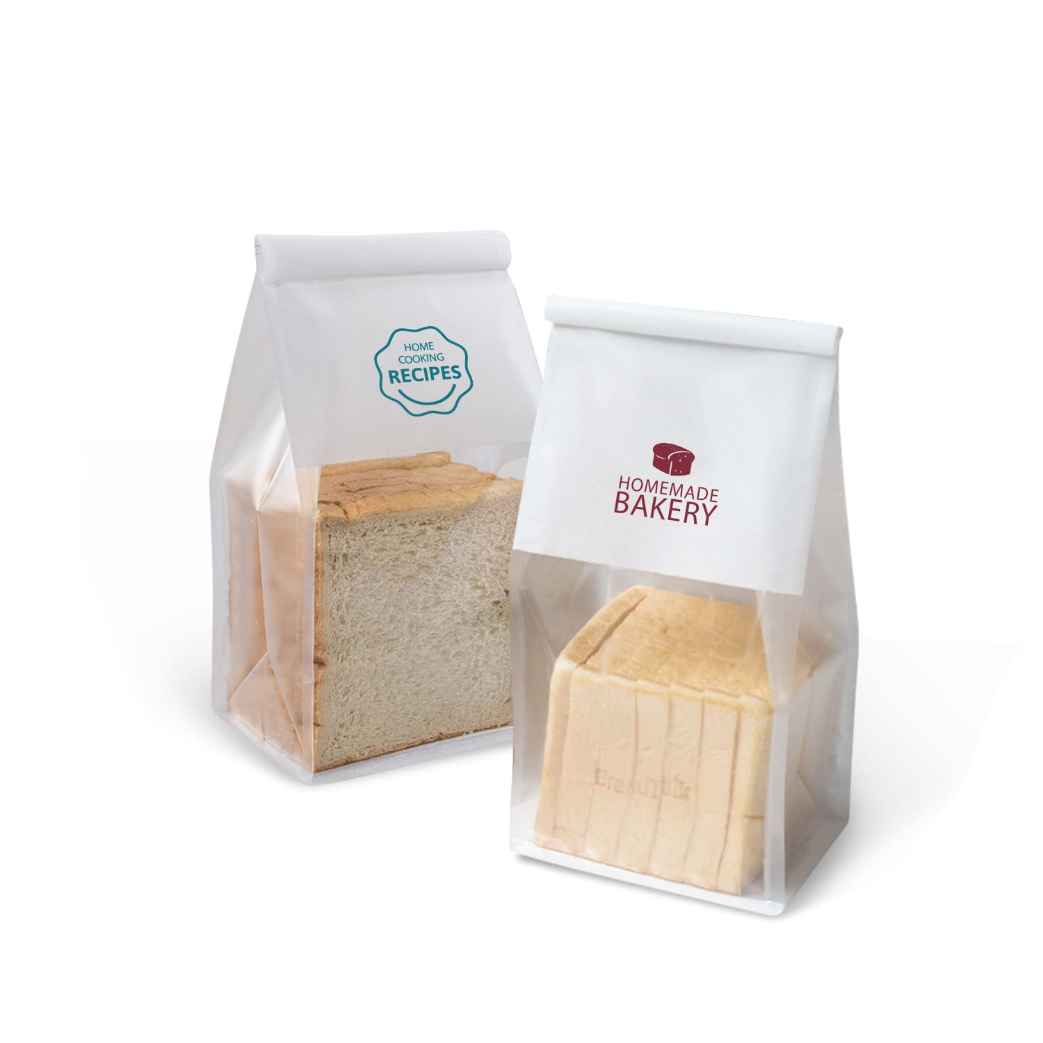 Clear sealing storage bags containing loaves of bread. One bag has a logo and the other features a recipe insignia. Iron Wire Sealing Storage Bag (13x28x10cm) - Image 1