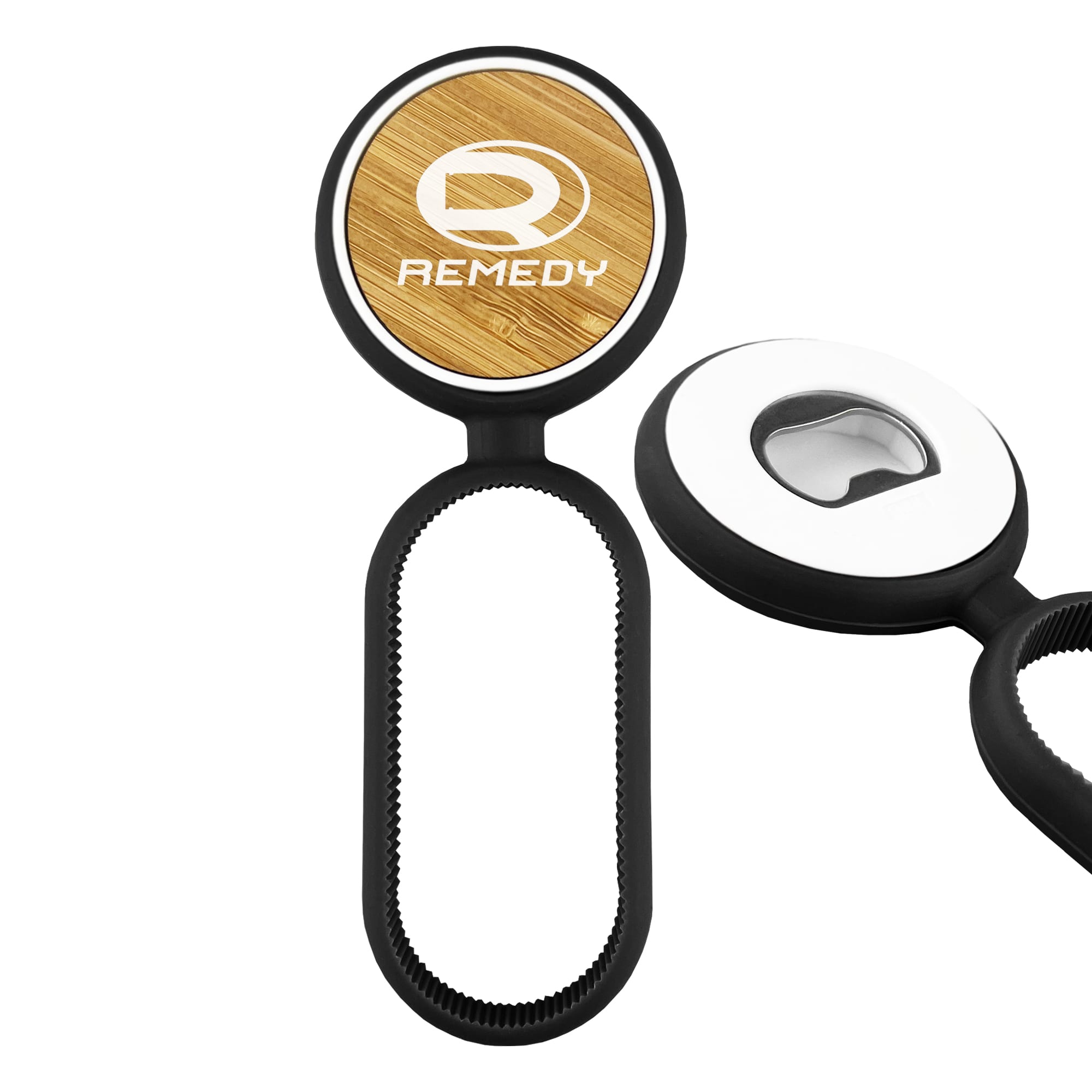 A drink bottle opener featuring a bamboo top and black rubber grip, with branding on the bamboo section. Multifuncation Bamboo Bottle Opener - Image 1
