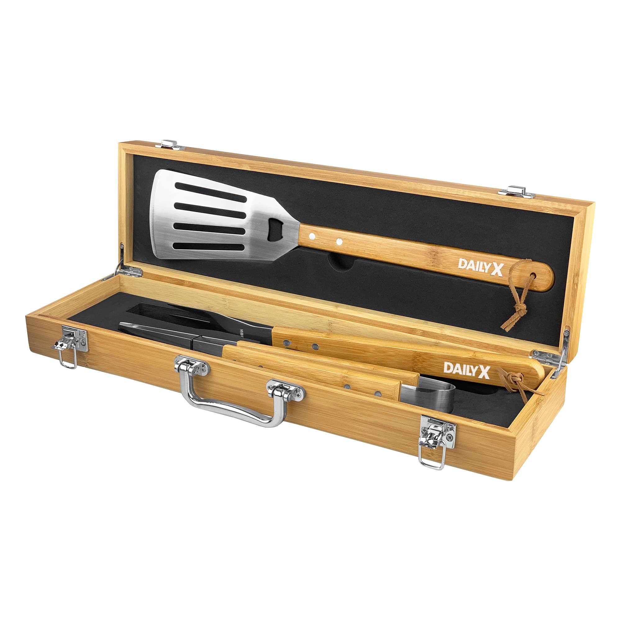 A BBQ set featuring a spatula, tongs, and a knife in a wooden case with a logo. The tools have bamboo handles. Henley BBQ Set - Image 1