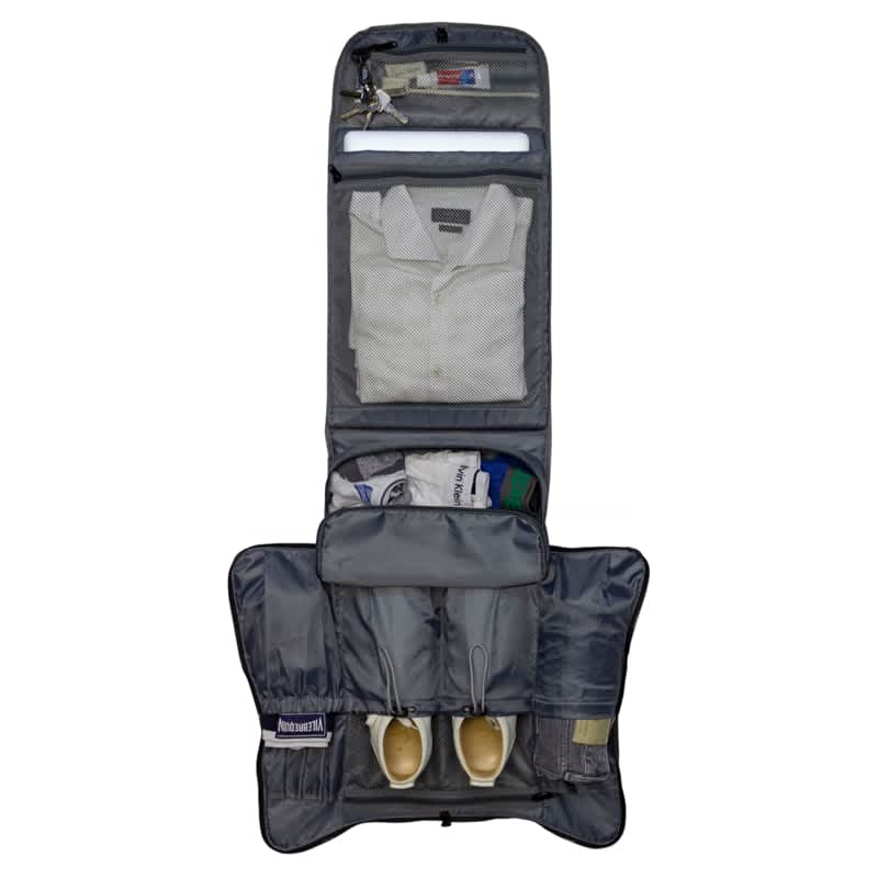 A grey backpack with multiple compartments, including space for shoes, clothing, and accessories. It features a logo. Marco Polo Traveller Backpack (Stock) - Image 1