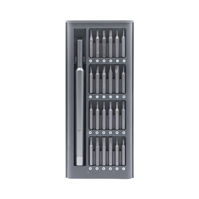 A precision tool kit in grey, featuring a metal handle and multiple interchangeable screwdriver bits in a neat storage case. Everybit Lite Precision Tool Kit - Image 1