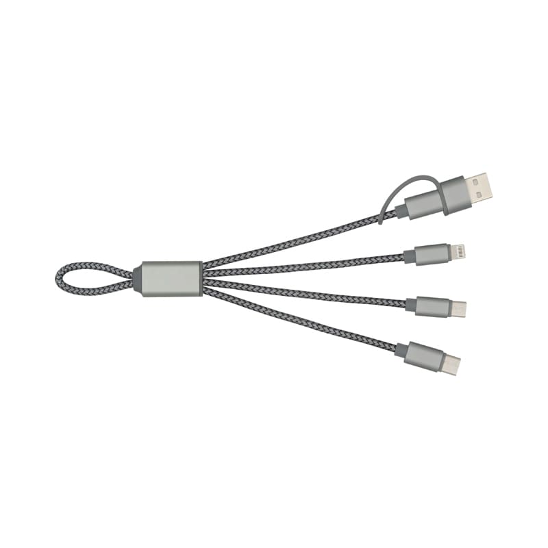 A charging cable with multiple connectors in grey, featuring a braided design and a logo. Trident 2 Eco Charge Cable (RPET) - Image 1