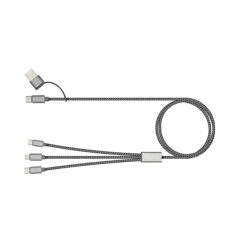A grey charging cable with multiple connectors, featuring a branded section along its length. Trident 2Plus Eco Charge Cable (RPET) - Image 1