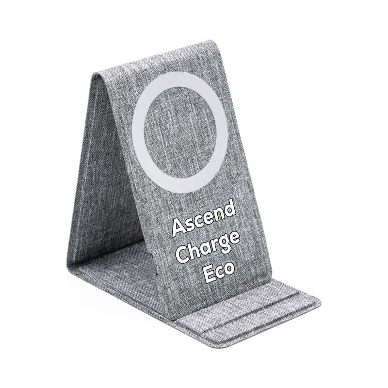 A grey wireless charger with a vertical design and a circular charging area. It features a logo on the front. Ascend Charge Eco 15W - Image 1