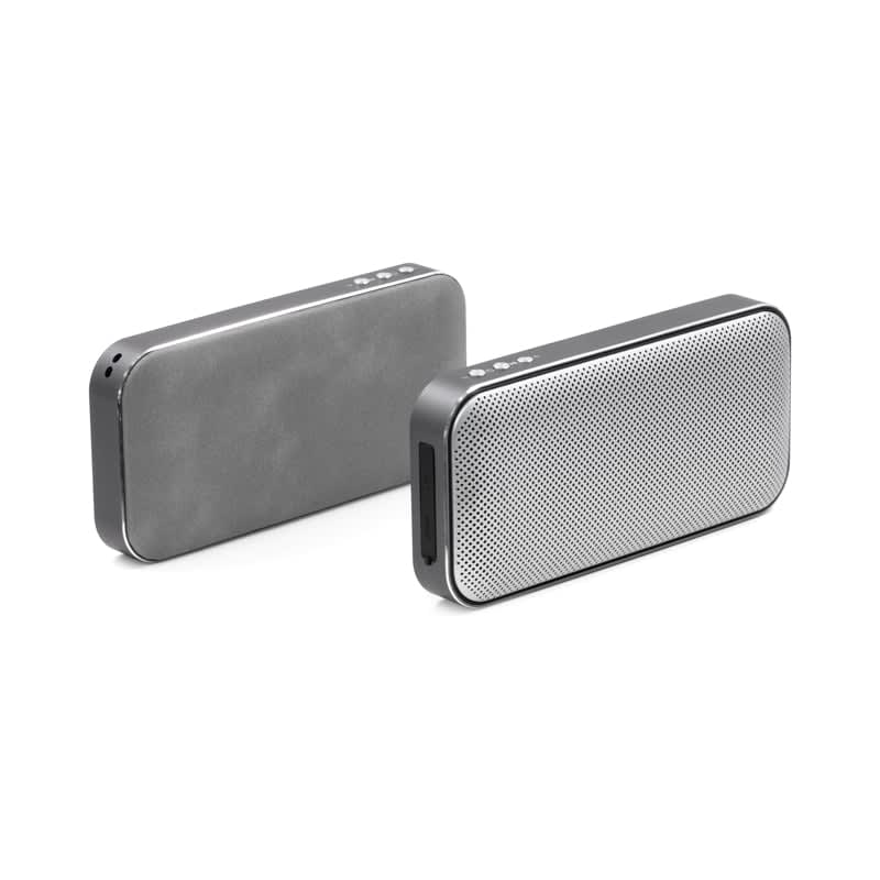 A Bluetooth speaker power bank in grey and silver with a sleek design and control buttons on top. Nano Charge Bluetooth Speaker Powerbank - Image 1