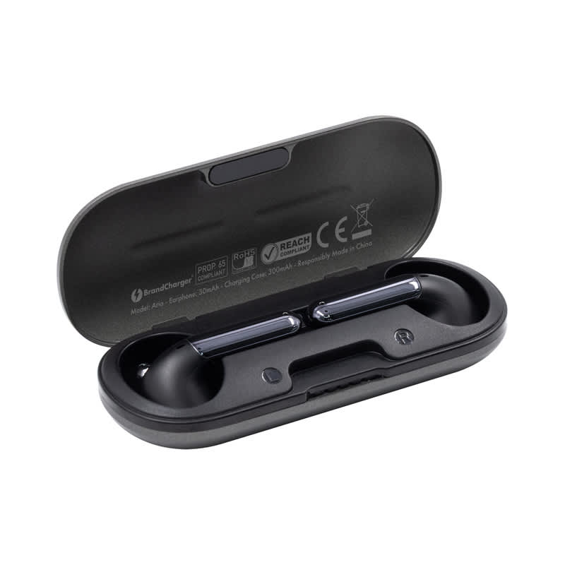 A pair of black Aria true wireless earbuds resting in a black charging case with a logo and branding. Aria True Wireless Earbuds - Image 1