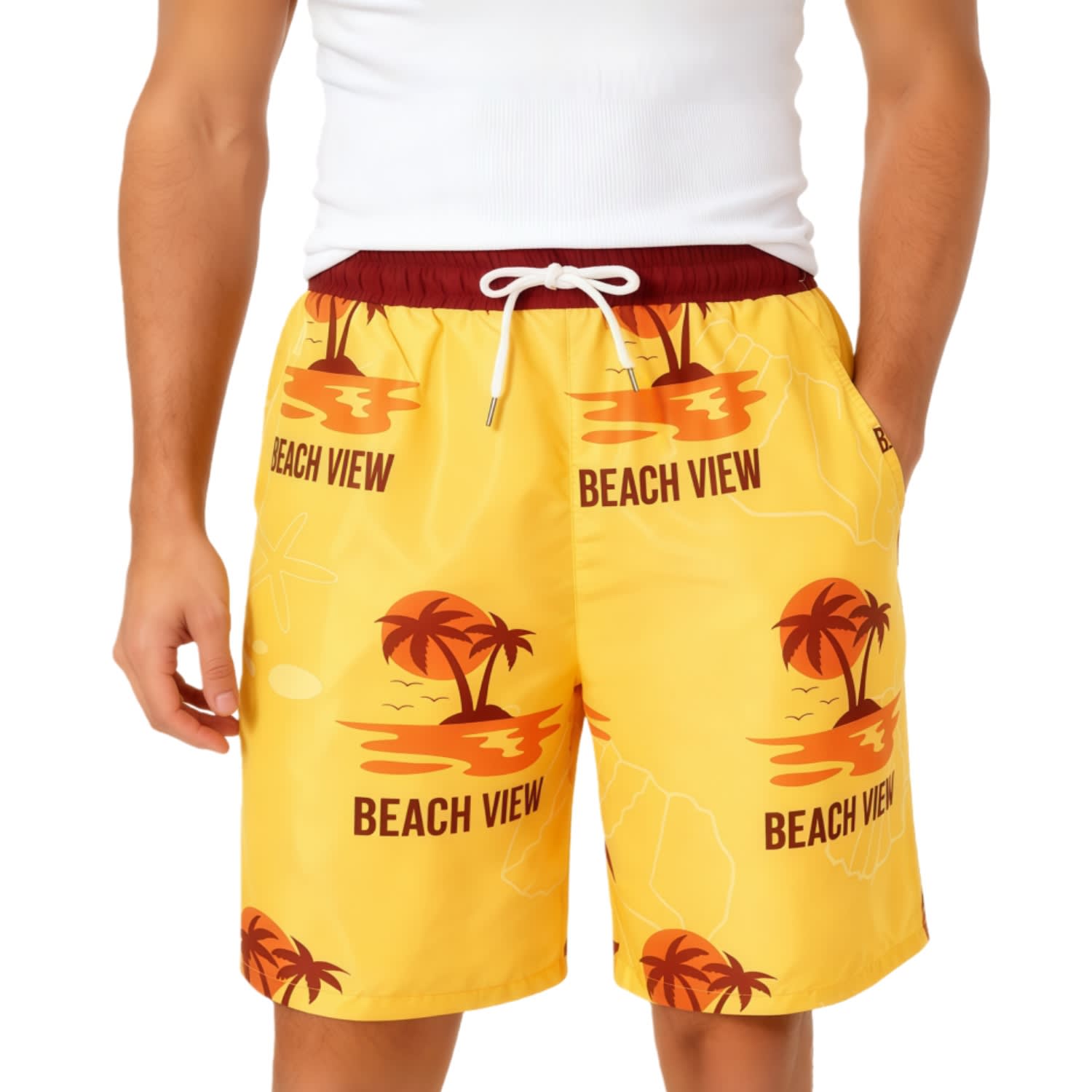 Men's yellow polyester board shorts featuring a tropical design with palm trees and a drawstring waistband. Includes a logo. Men's Polyester Sublimated Board Shorts - Image 1
