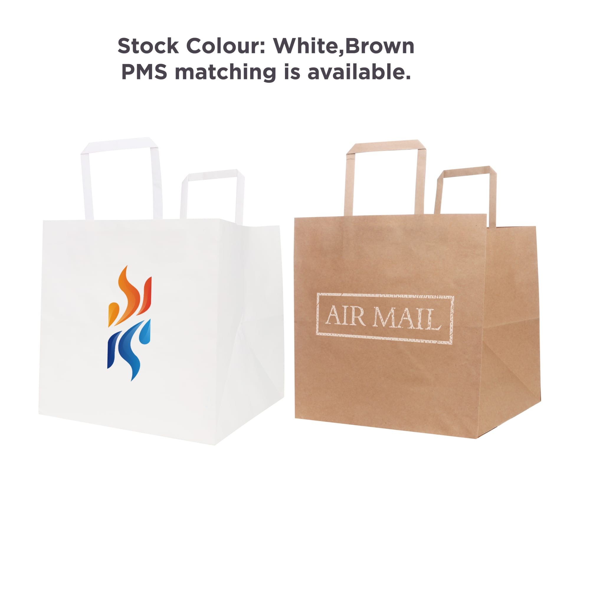 Two flat handle kraft paper bags are displayed: one white with a logo and one brown with a "AIR MAIL" design. Flat Handle Kraft Paper Bag(250x250x250mm) - Image 1