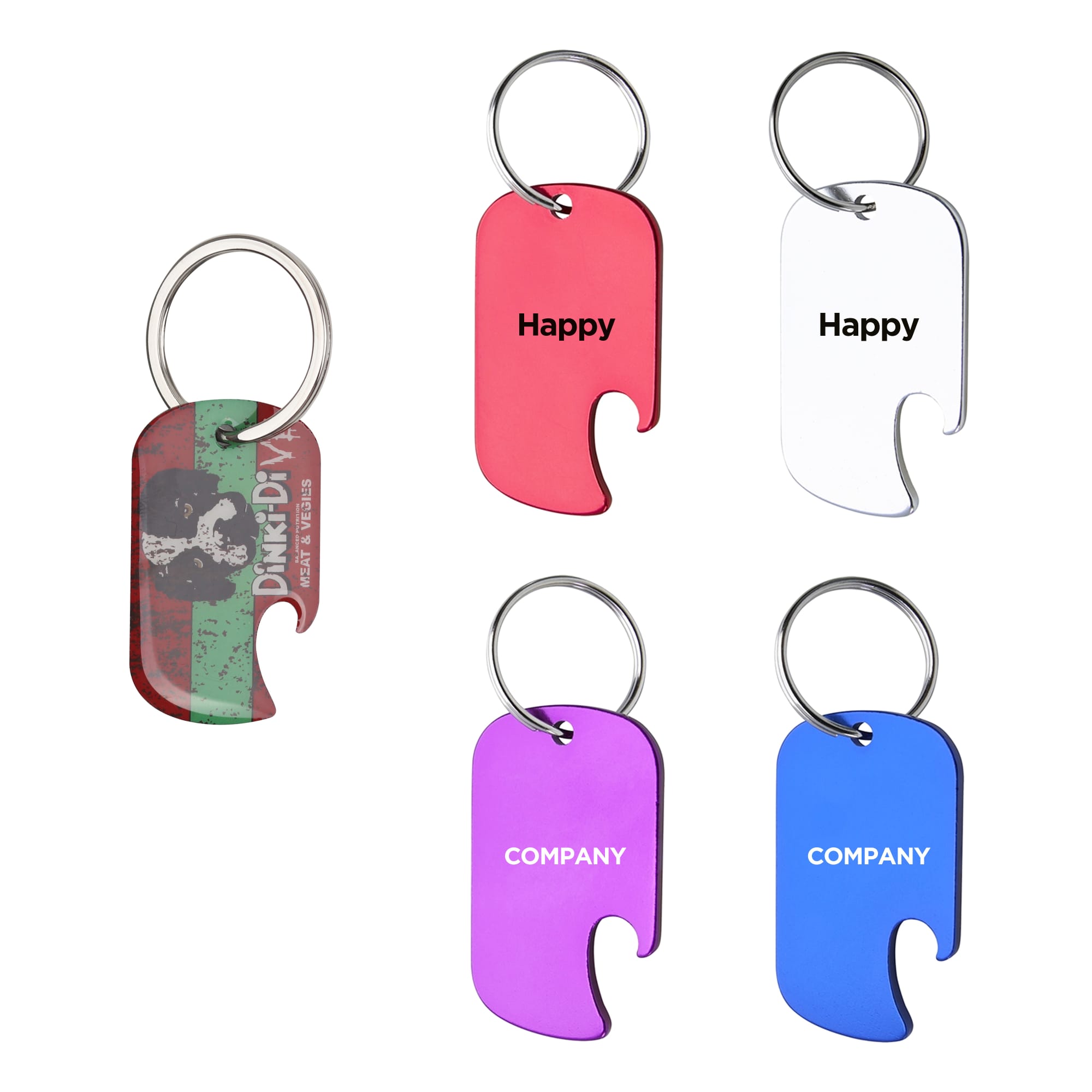 A drink bottle opener keyring in red, pink, white, blue, and purple, featuring a logo on one design. Dog Tag Bottle Opener Keyring - Image 1