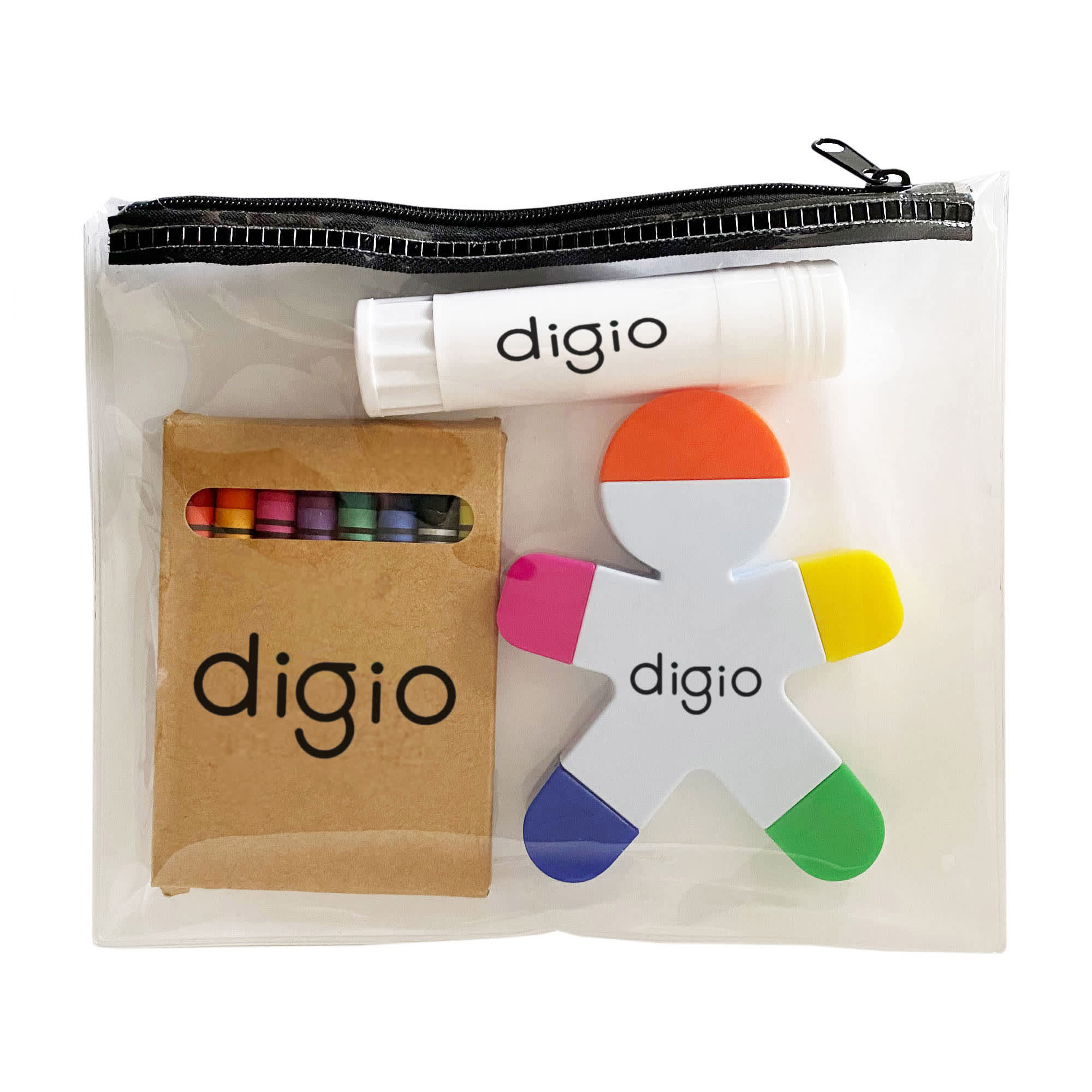 A transparent pencil case containing colourful crayons, a glue stick, and a shaped figure, all featuring a logo. Children’s Bundle - Image 1
