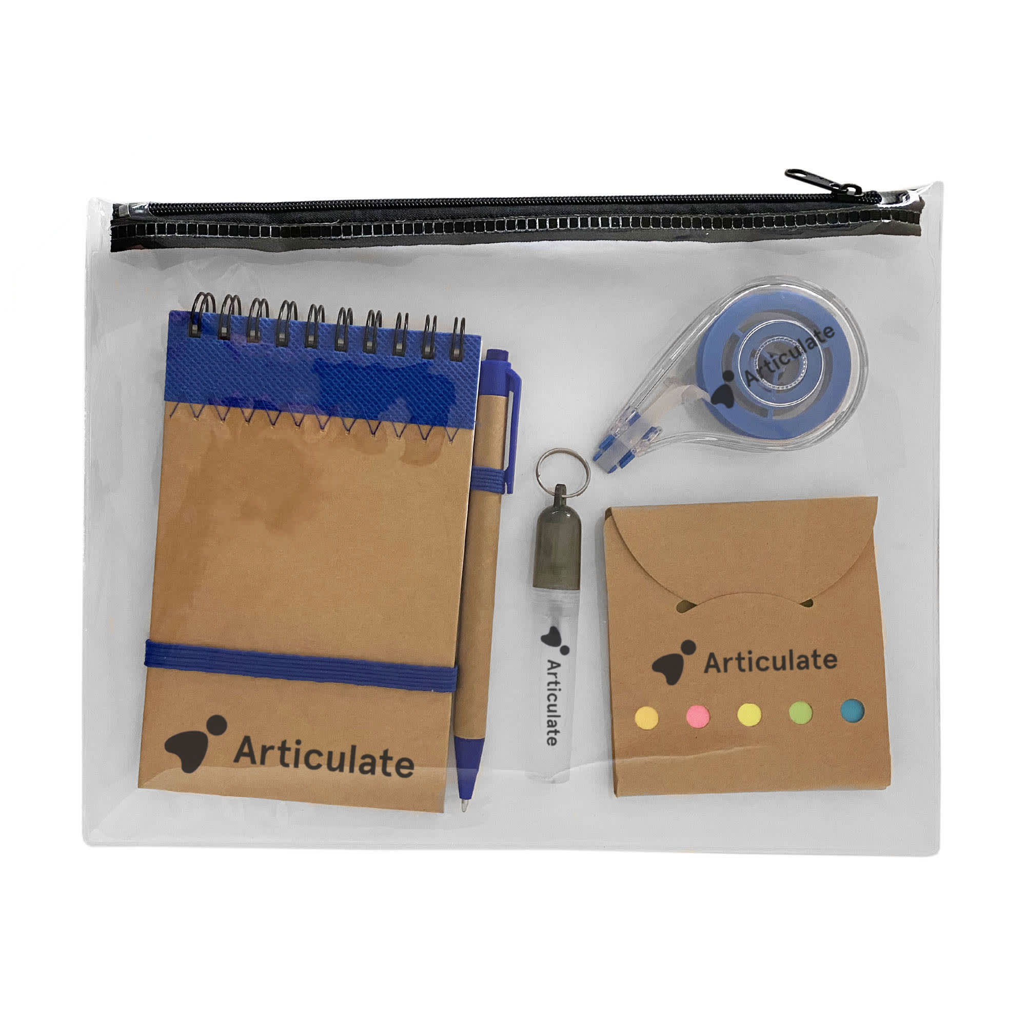 A clear pouch containing a notepad, pen, tape measure, and sticky notes in various colours. The pouch has a logo. Office Bundle - Image 1