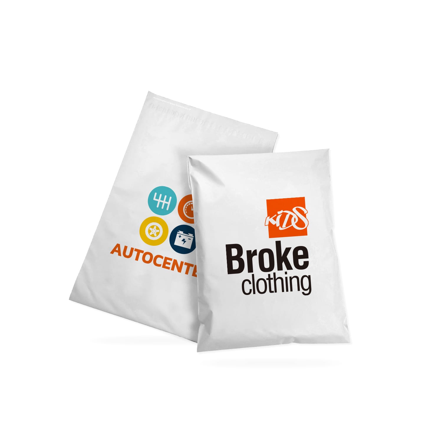 A small white biodegradable mailer bag featuring a logo and colourful icons on one side. Biodegradable Mailer Bag (Small) - Image 1