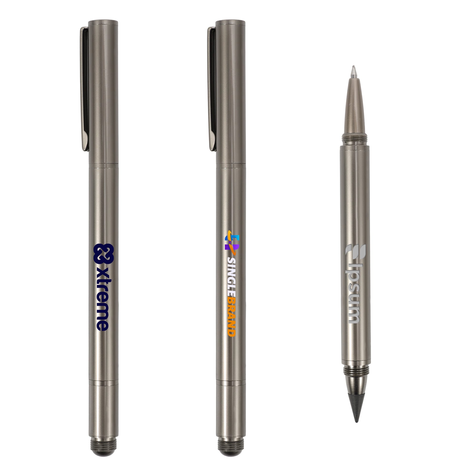 A metallic silver 2-in-1 pencil with a logo, featuring a pen tip on one end and a pencil on the other. Commercial 2 in 1 Eternal Pencil - Image 1