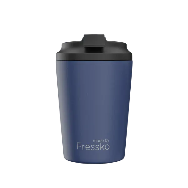 A reusable cup in deep blue with a black lid and a logo. Holds 12oz (340ml). Camino 12oz - 340ml Reusable Cup - Image 1