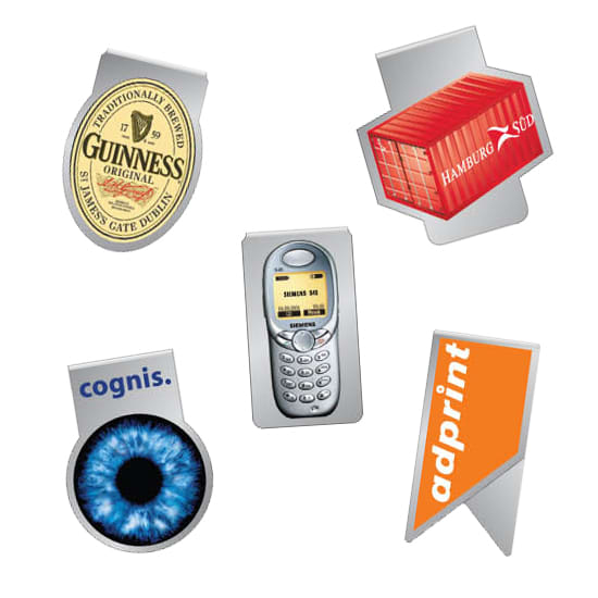 A collection of five promotional items, including a bottle cap, mobile phone, shipping container, and two logo badges. Bizclip1 - Image 1