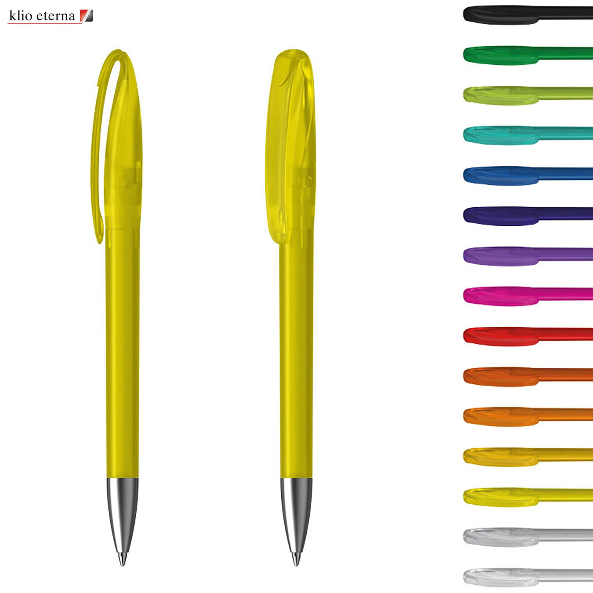 A collection of plastic pens in various colours, with a focus on a bright yellow pen. Each pen has a clip and a logo. Boa Ice M - Image 1