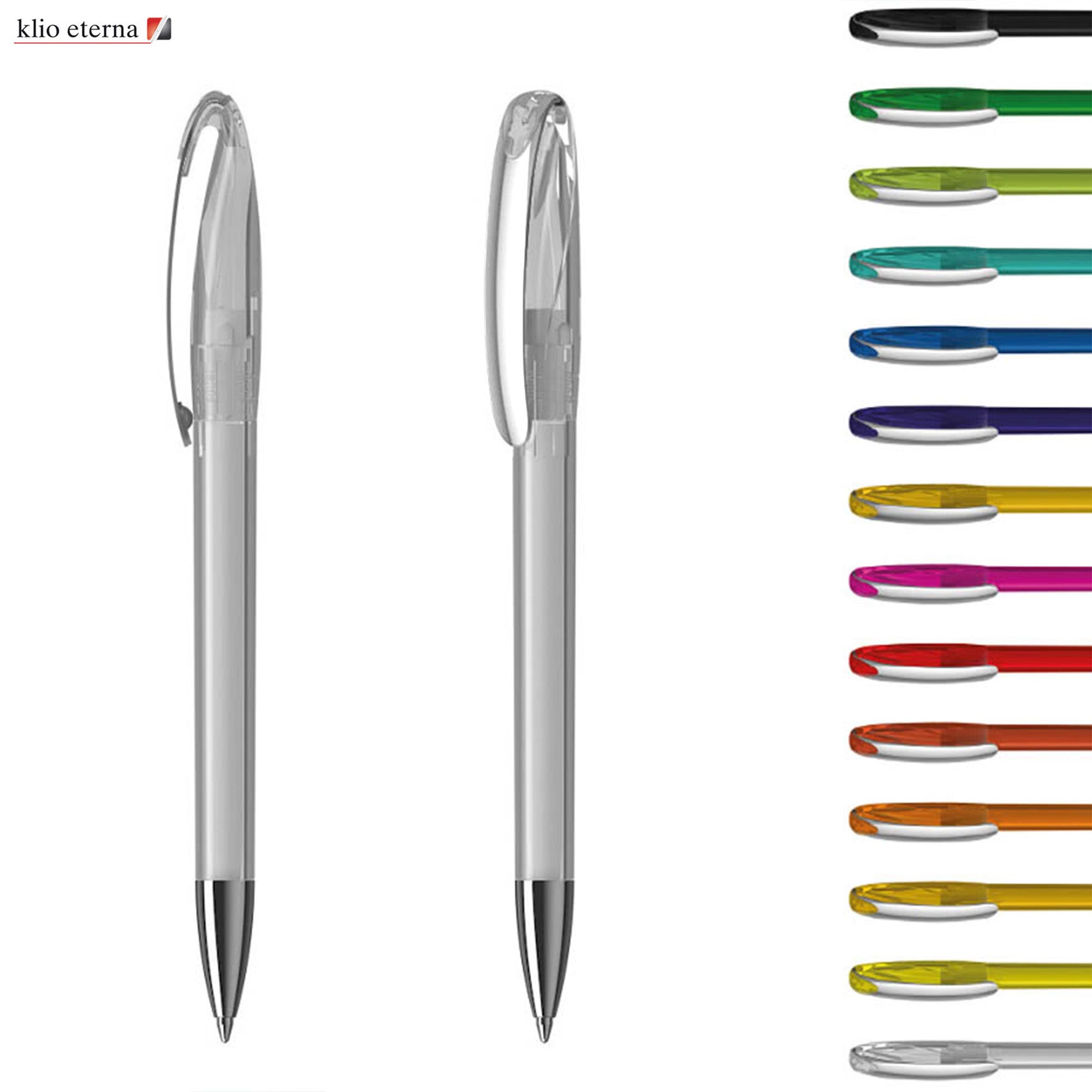 Transparent plastic pens in various colours, displayed alongside a pen with a clear barrel and black tip. Features branding. Boa Transparent MM - Image 1