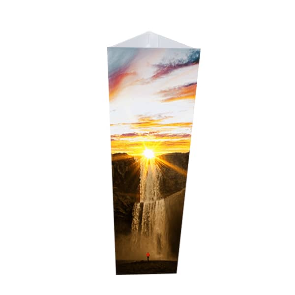 A Corflute bollard cover featuring a sunset over a waterfall, with vibrant orange, yellow, and blue colours. Corflute Bollard Covers - Image 1