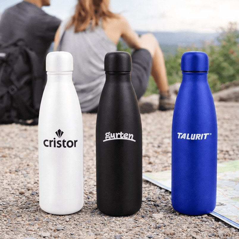 A drink bottle set featuring white, black, and blue bottles, each with a logo. Ideal for outdoor use. Midas 600ml Bottle - Image 1