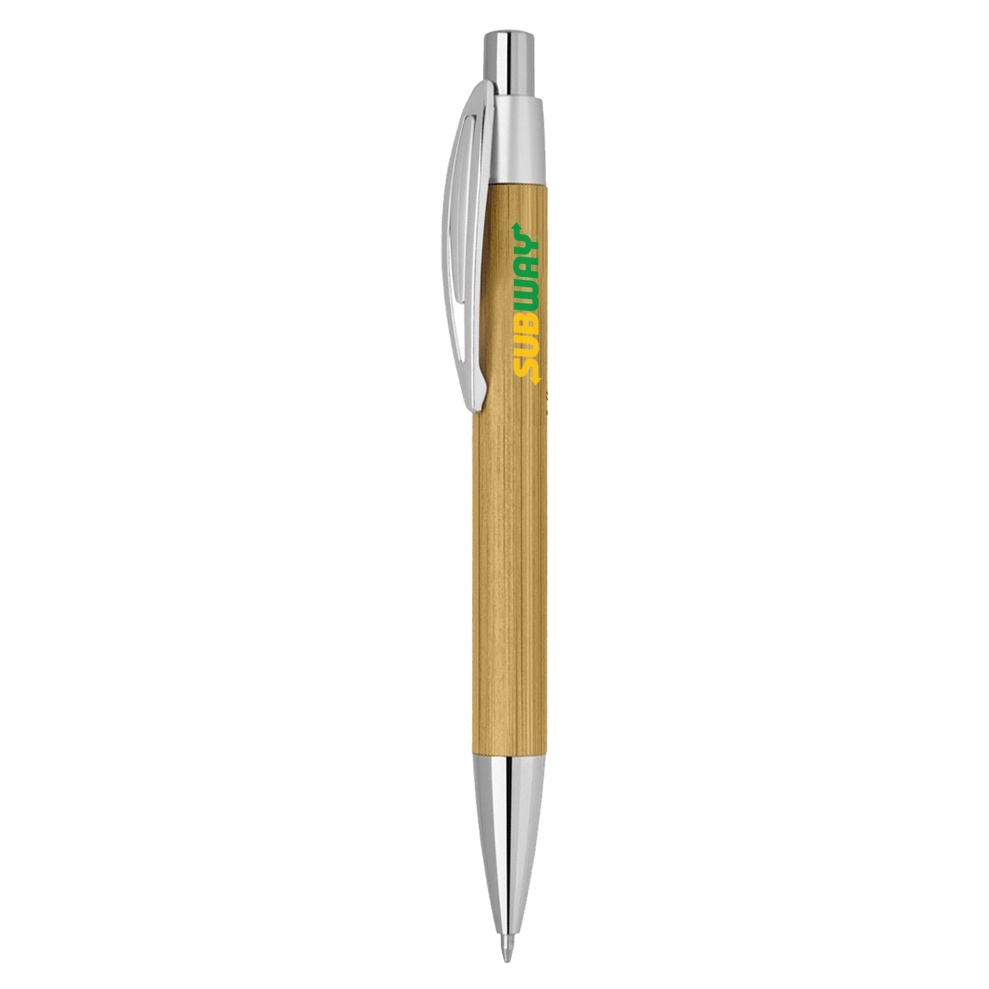 A bamboo pen with a silver clip and tip, featuring a logo on the barrel. Flurr Bamboo Pen - Image 1