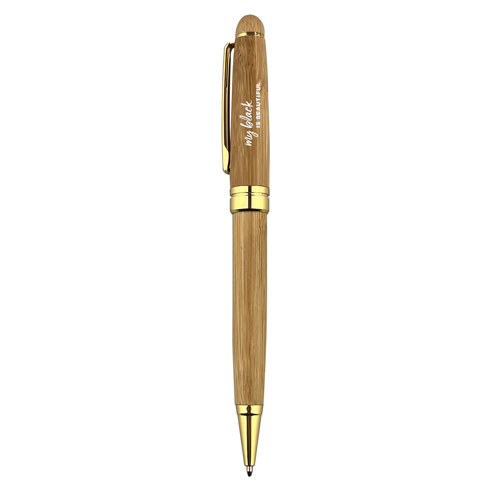 A bamboo pen with a gold clip and accents, featuring a logo on the barrel. Boron Bamboo Pen - Image 1