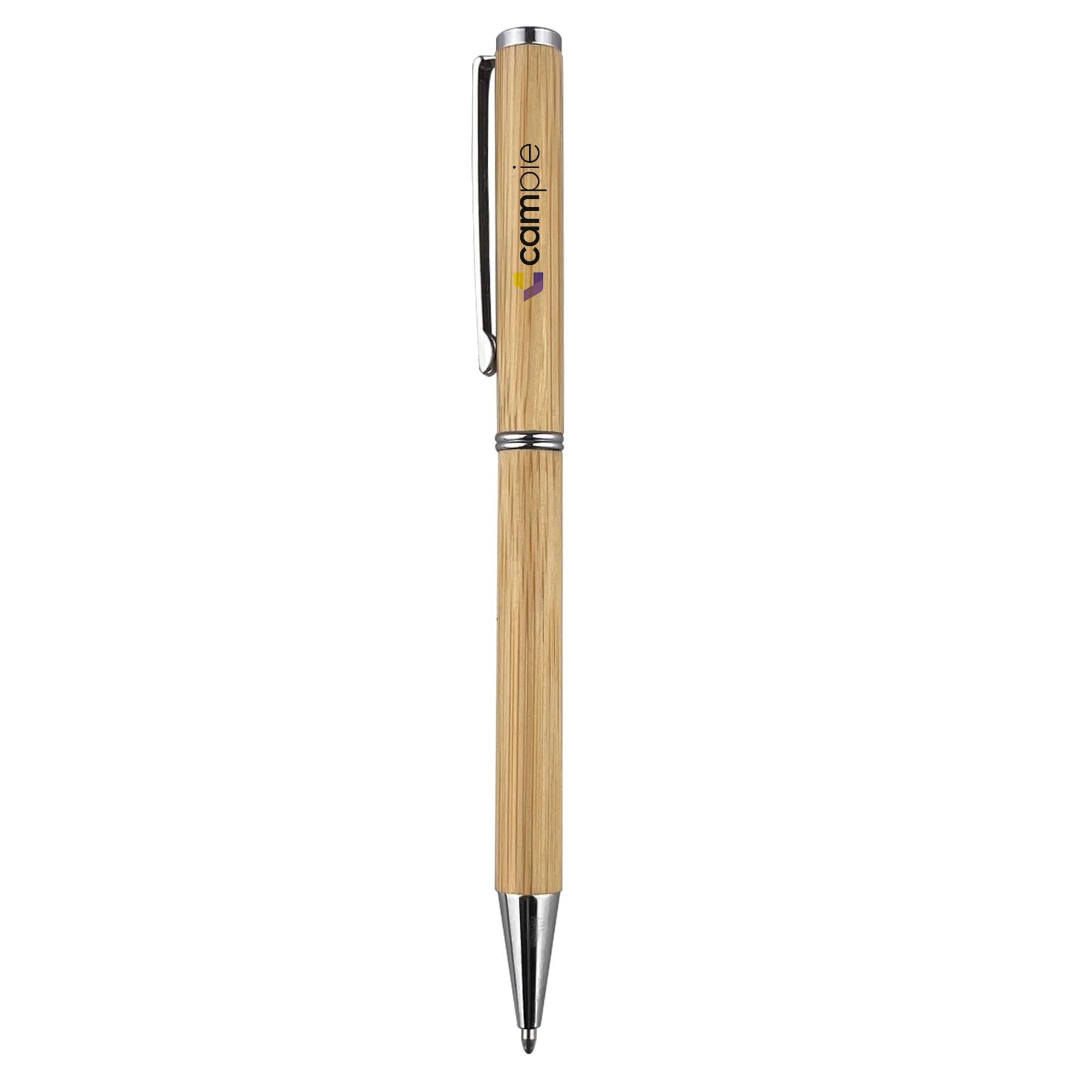 A bamboo pen with a silver clip and accents, featuring a logo on its barrel. Berlino Bamboo Pen - Image 1