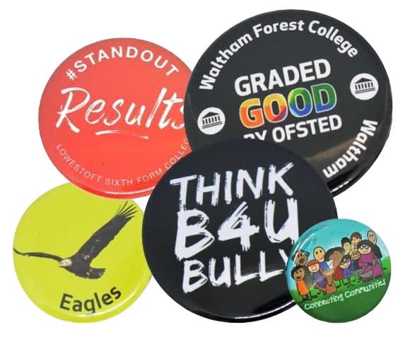 A collection of five 32mm button badges in various colours and designs, including images and text. Button Badges 32mm - Image 1