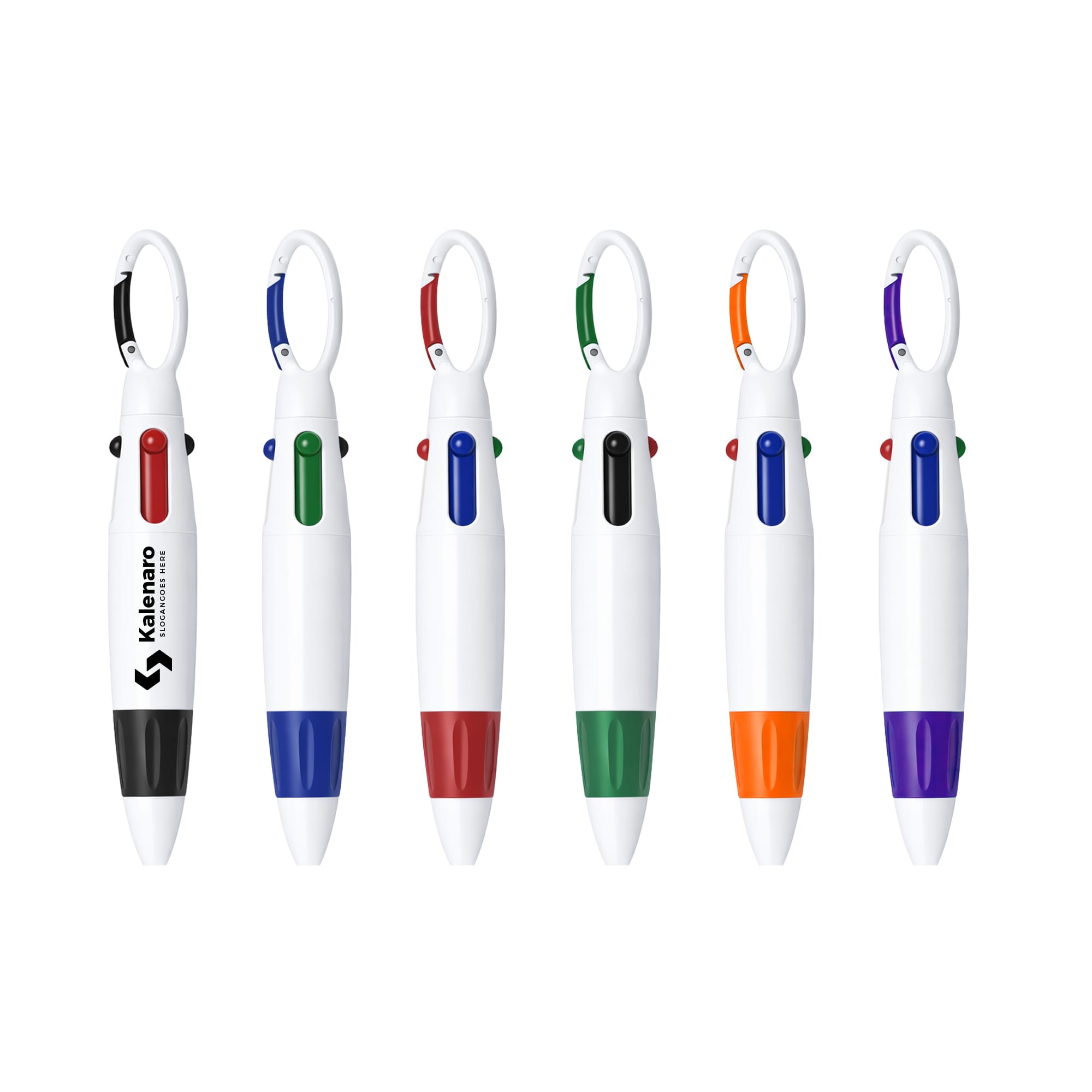 A set of six carabiner pens in white, featuring various coloured buttons and clips. Each pen includes a logo. Carabiner Pen - Image 1