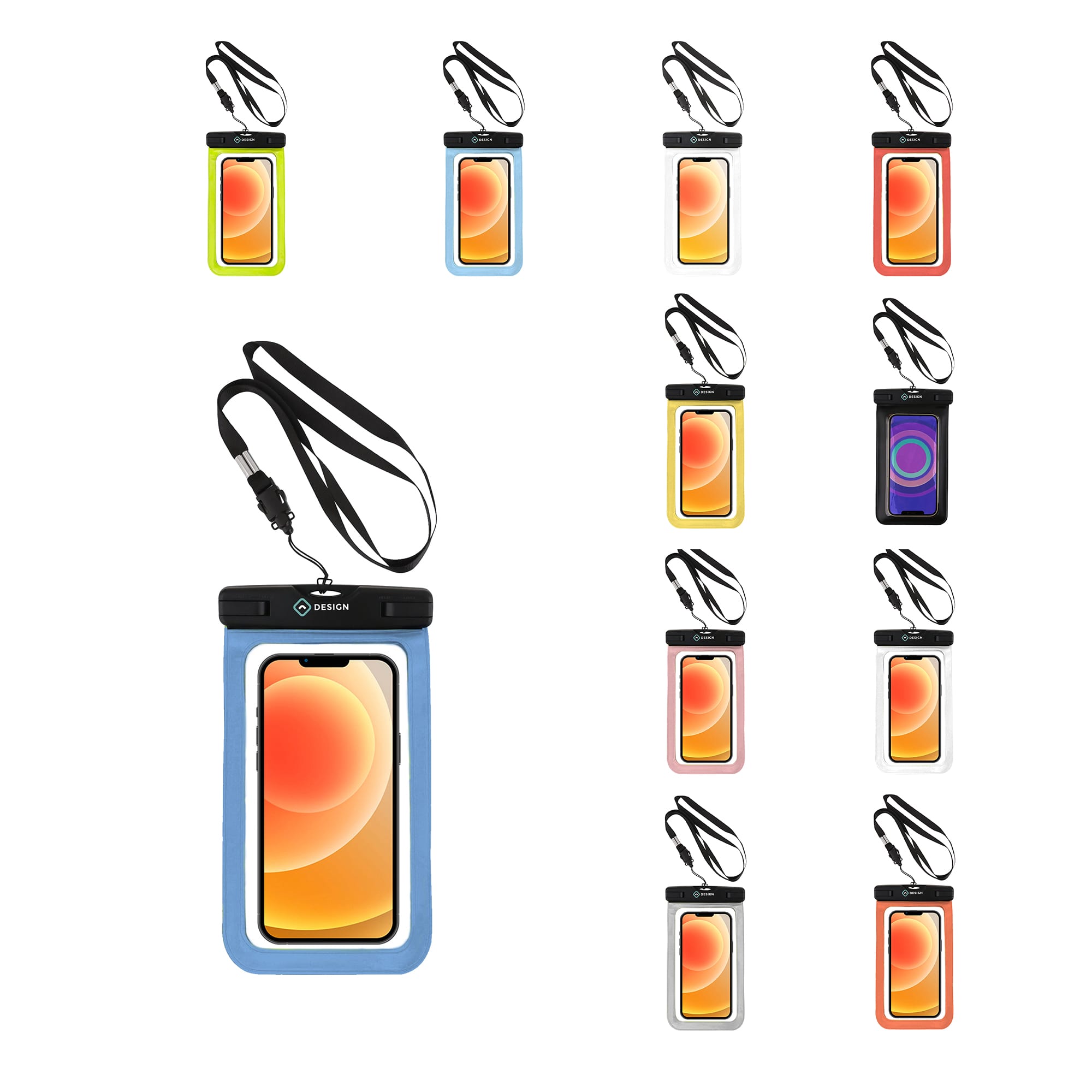 A collection of waterproof phone bags in various colours, each with a strap and a logo on the front. Universal Armband Cover Waterproof Phone Bag - Image 1