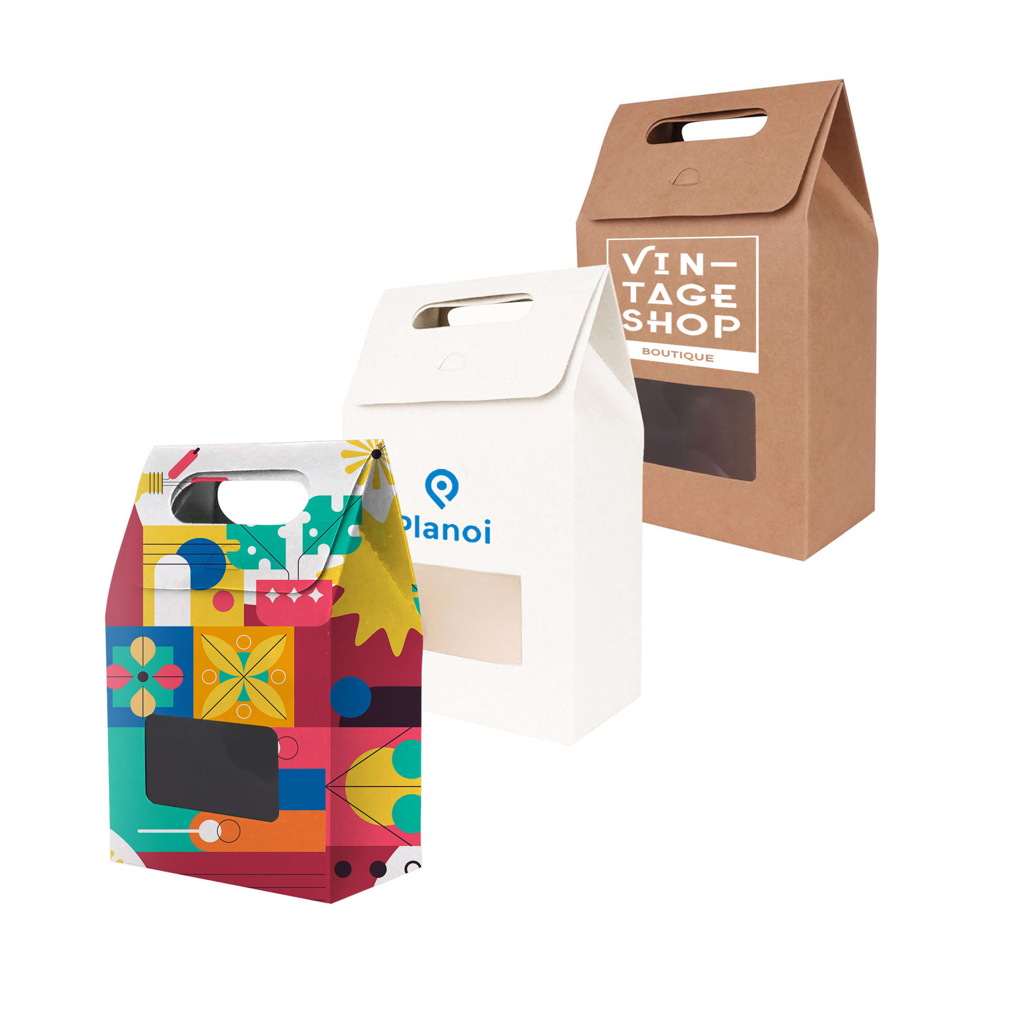Three die cut handle bags with windows in various designs: one colourful, one white, and one brown kraft. Die cut Handle Bag with Window(160x270x90mm) - Image 1