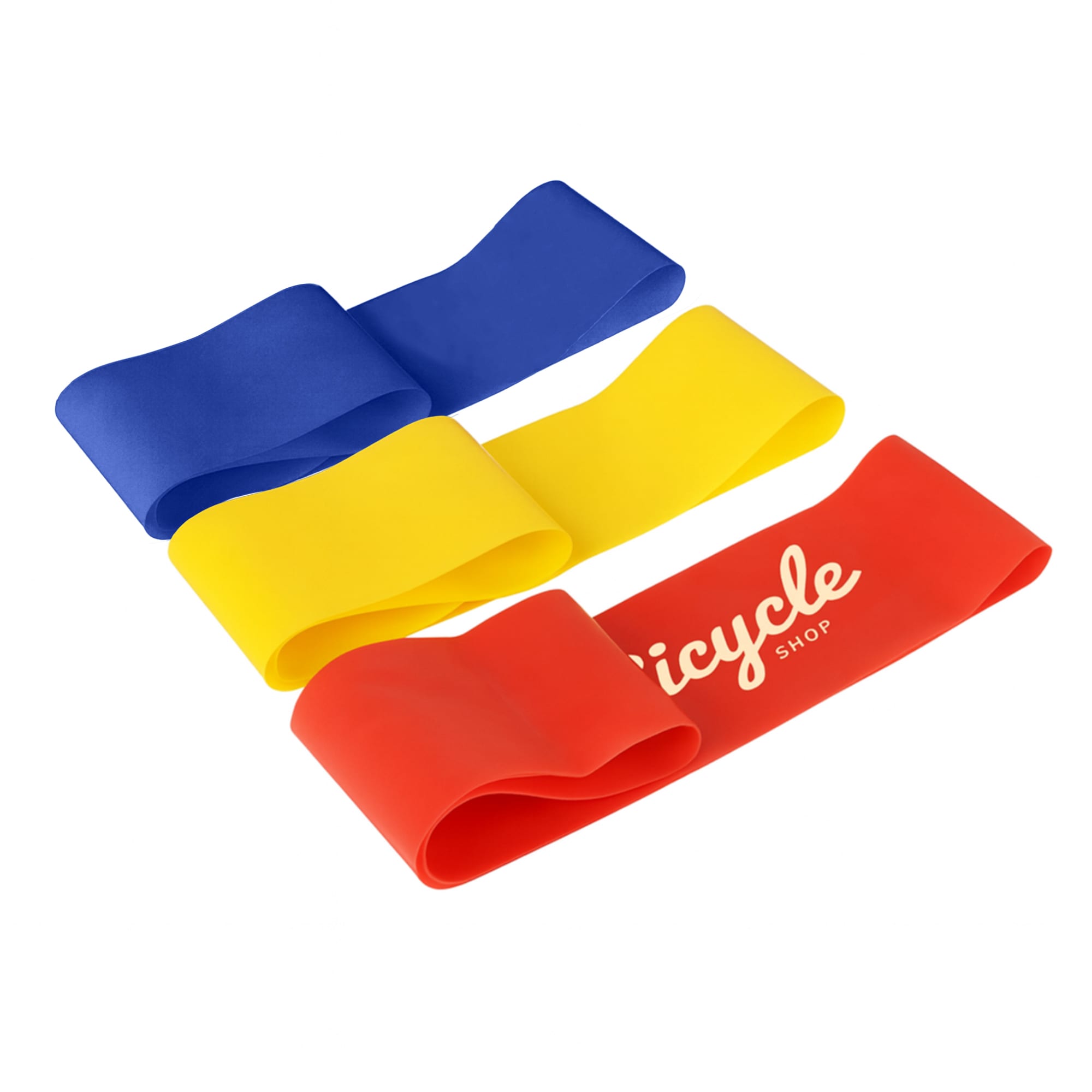 Three latex fitness resistance bands in blue, yellow, and red. One band features a logo. Latex Fitness Resistance Band - Image 1
