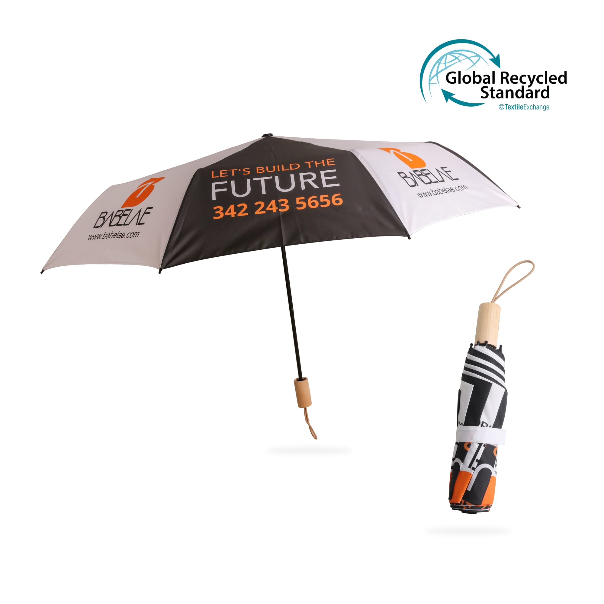 A triple-folding RPET umbrella in black and white with an orange handle and a logo. Regular Triple folding RPET umbrella - Image 1