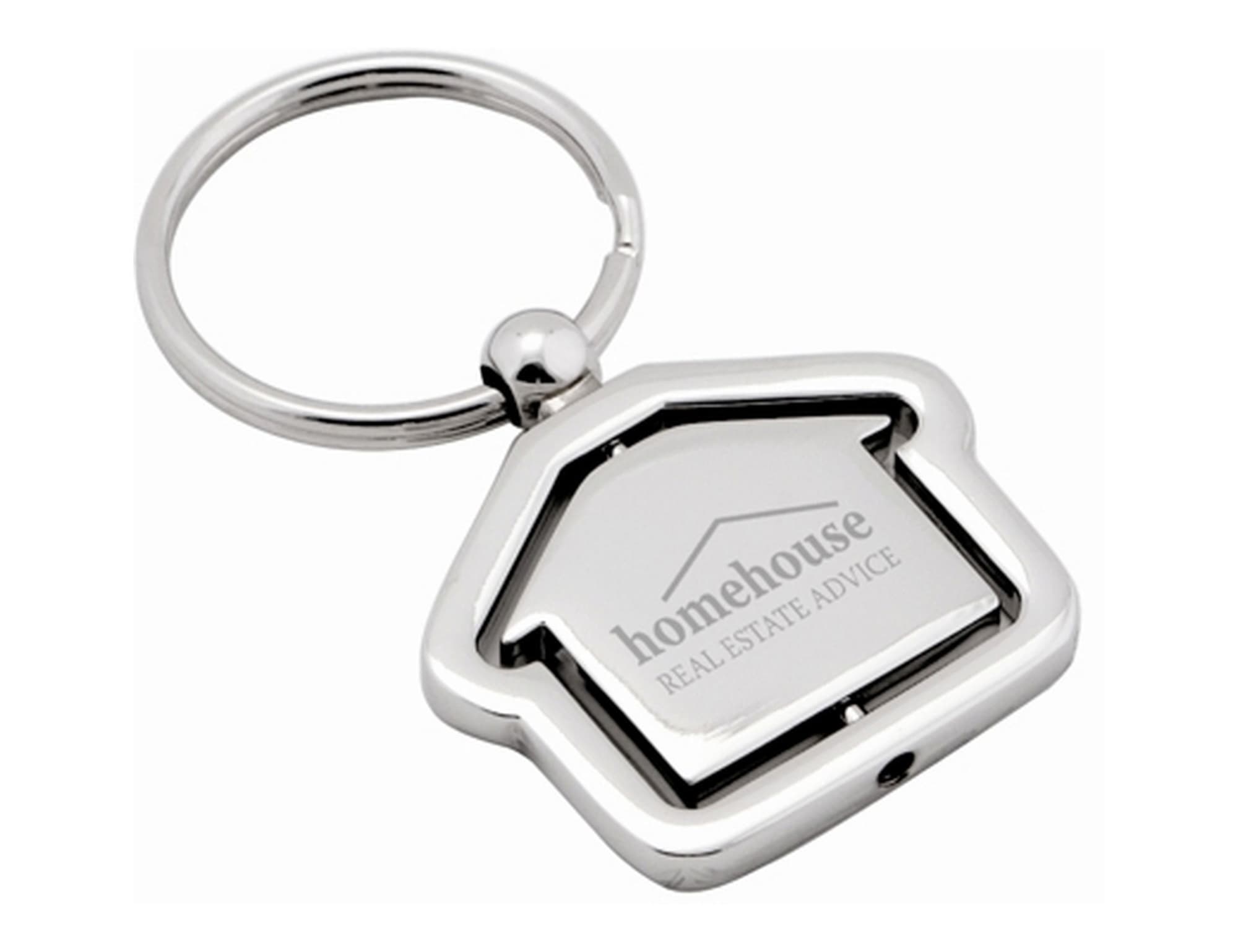 A silver keyring shaped like a house, featuring a logo on the front and a circular keyring attachment. Moving House Keyring - Image 1