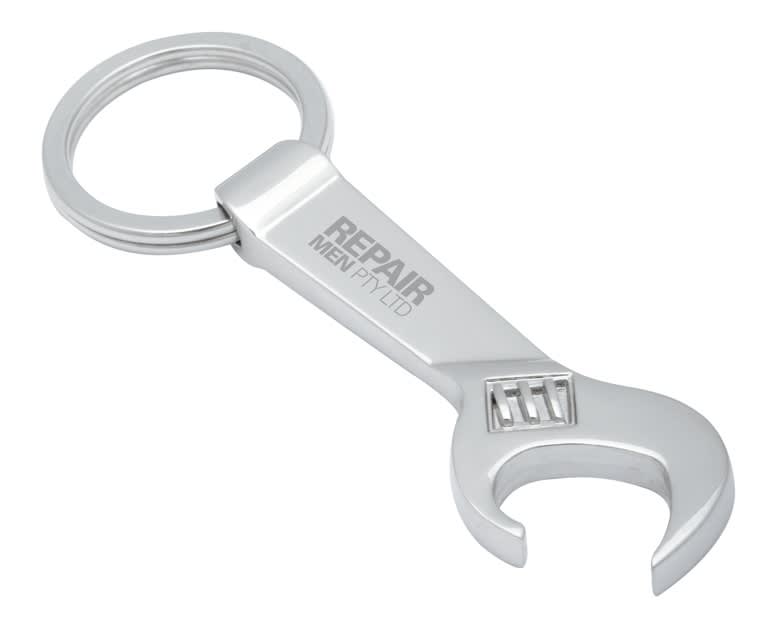 A drink bottle keyring in silver, shaped like a wrench with a logo on its side. DIY Keyring - Image 1