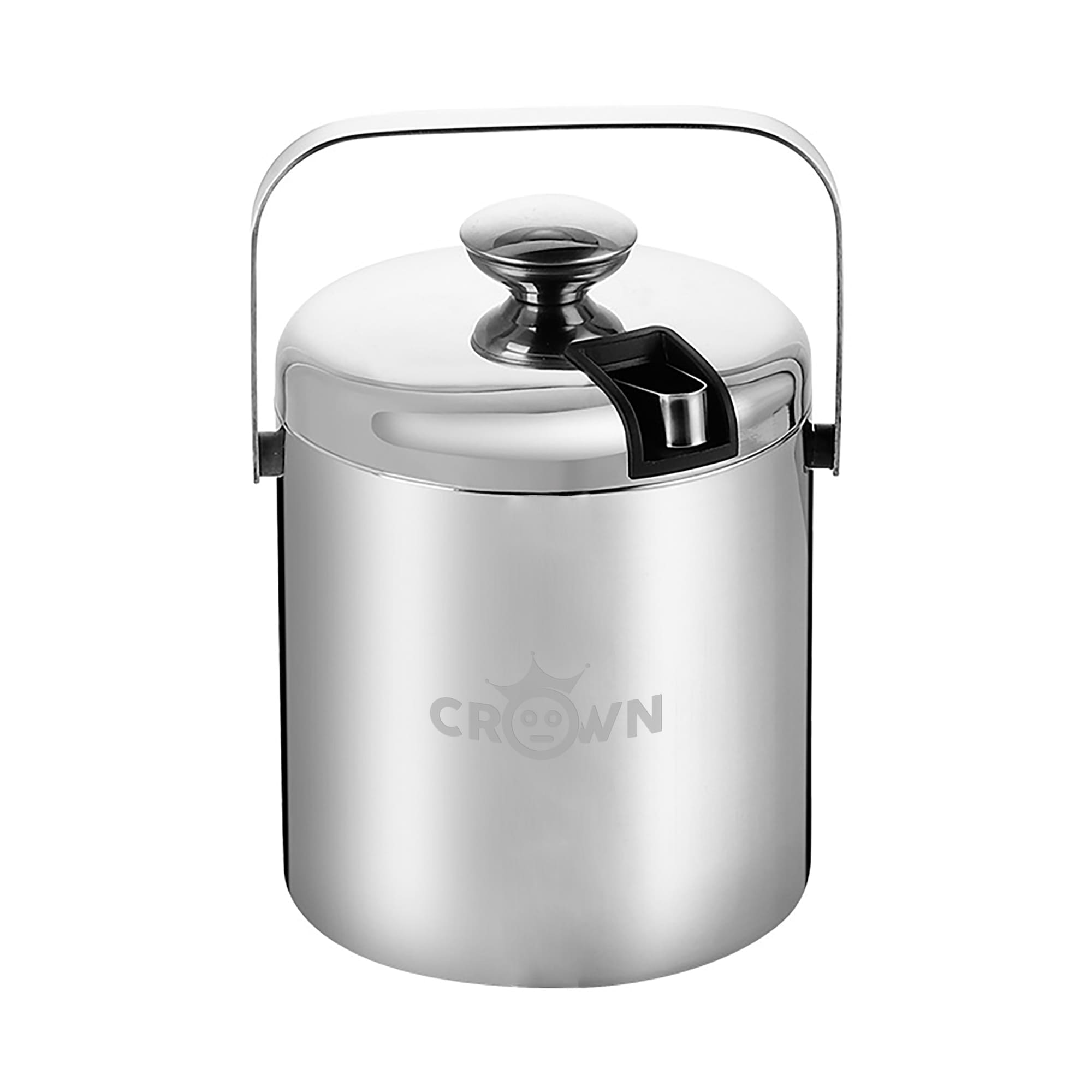A stainless steel ice bucket with a lid and tongs, featuring a handle for easy transport. It has a logo on the front. Ice Bucket With Lid And Tongs - Image 1