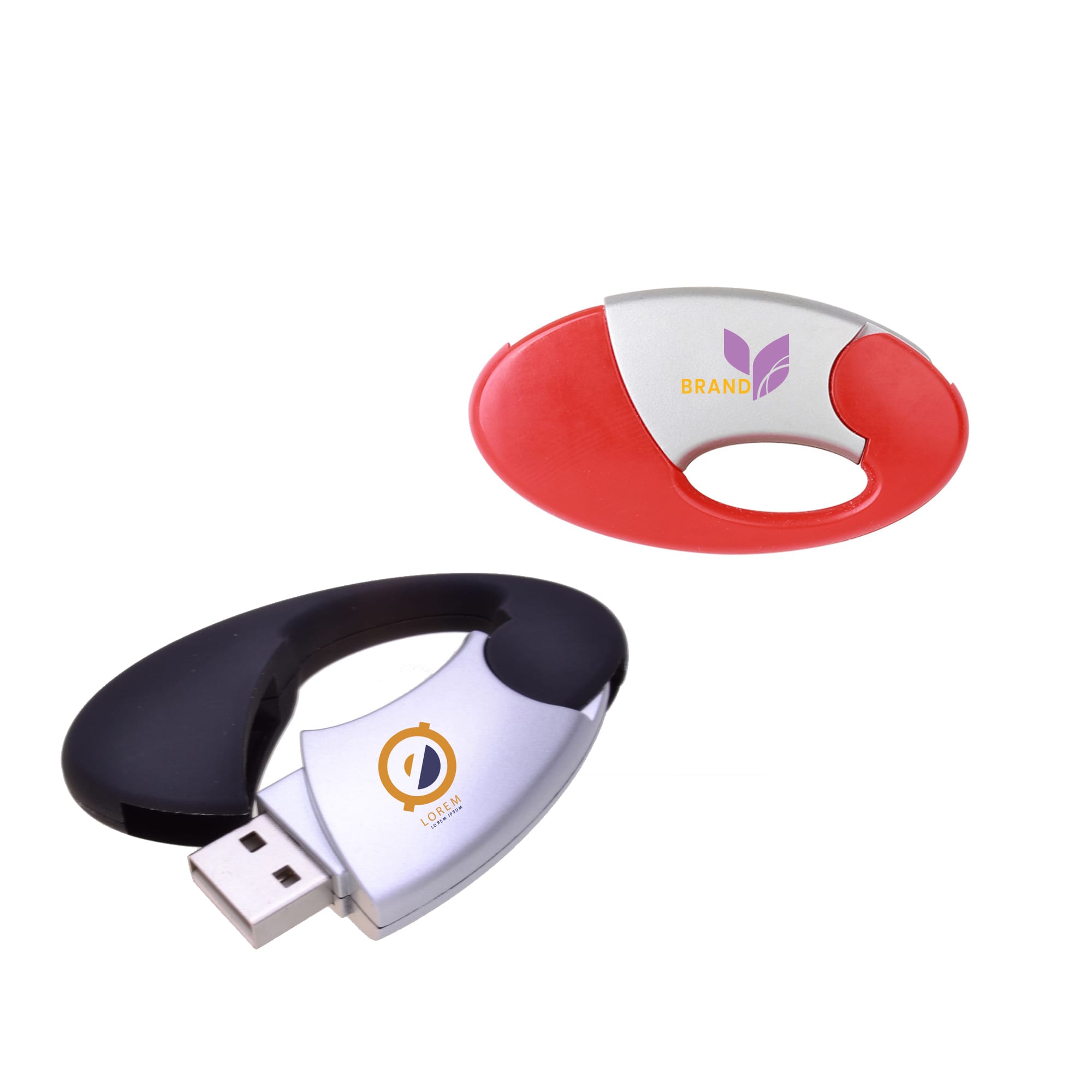 An oval clip flash drive in red and silver, with a black version featuring a USB connector, both with logos. Oval Clip Flash Drive - Image 1