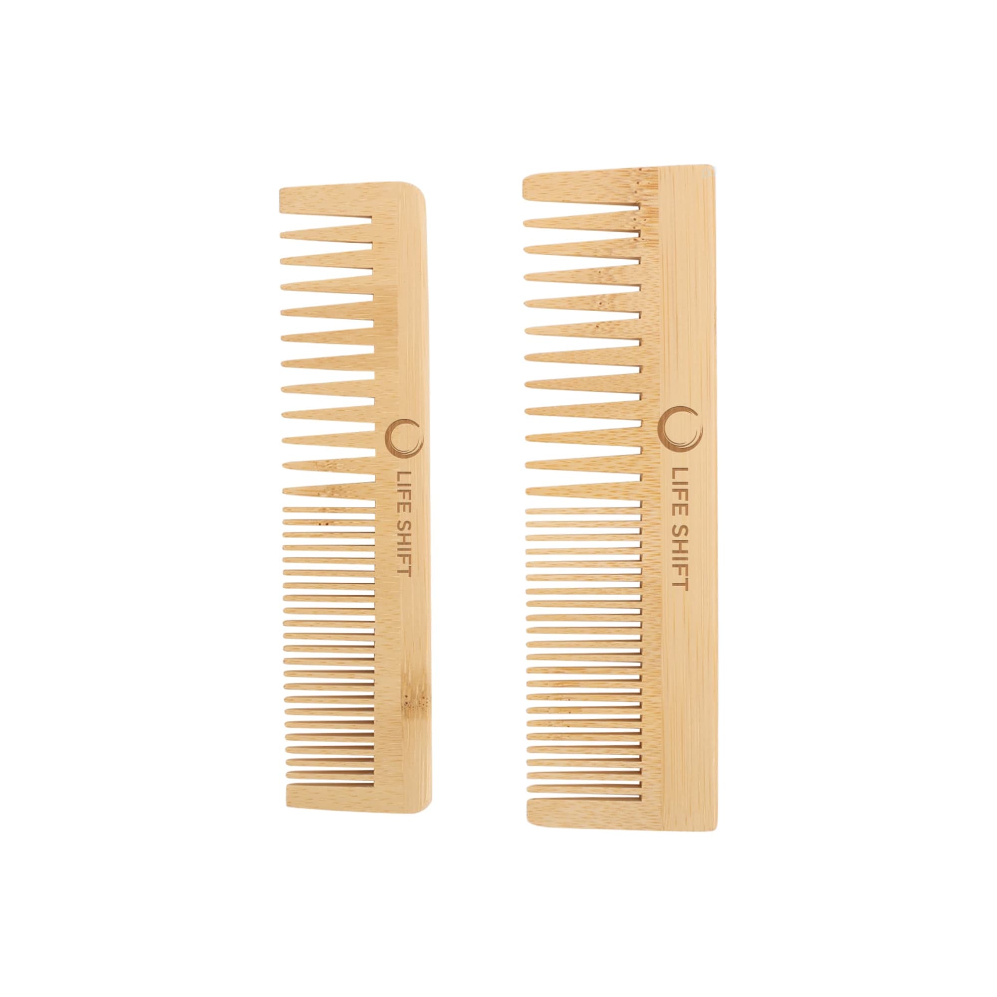 Two bamboo combs with a light brown finish, featuring a logo on one side. Blended-Tooth Bamboo Comb - Image 1