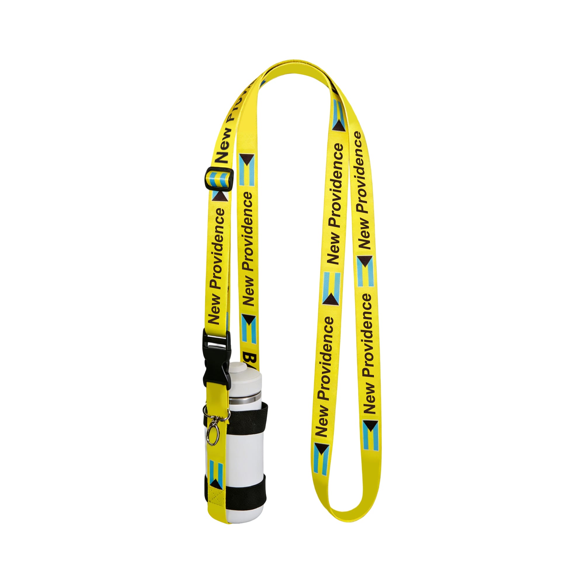 A drink bottle holder strap sling in bright yellow with black branding, designed for carrying bottles. Water Bottle Holder Strap Sling - Image 1