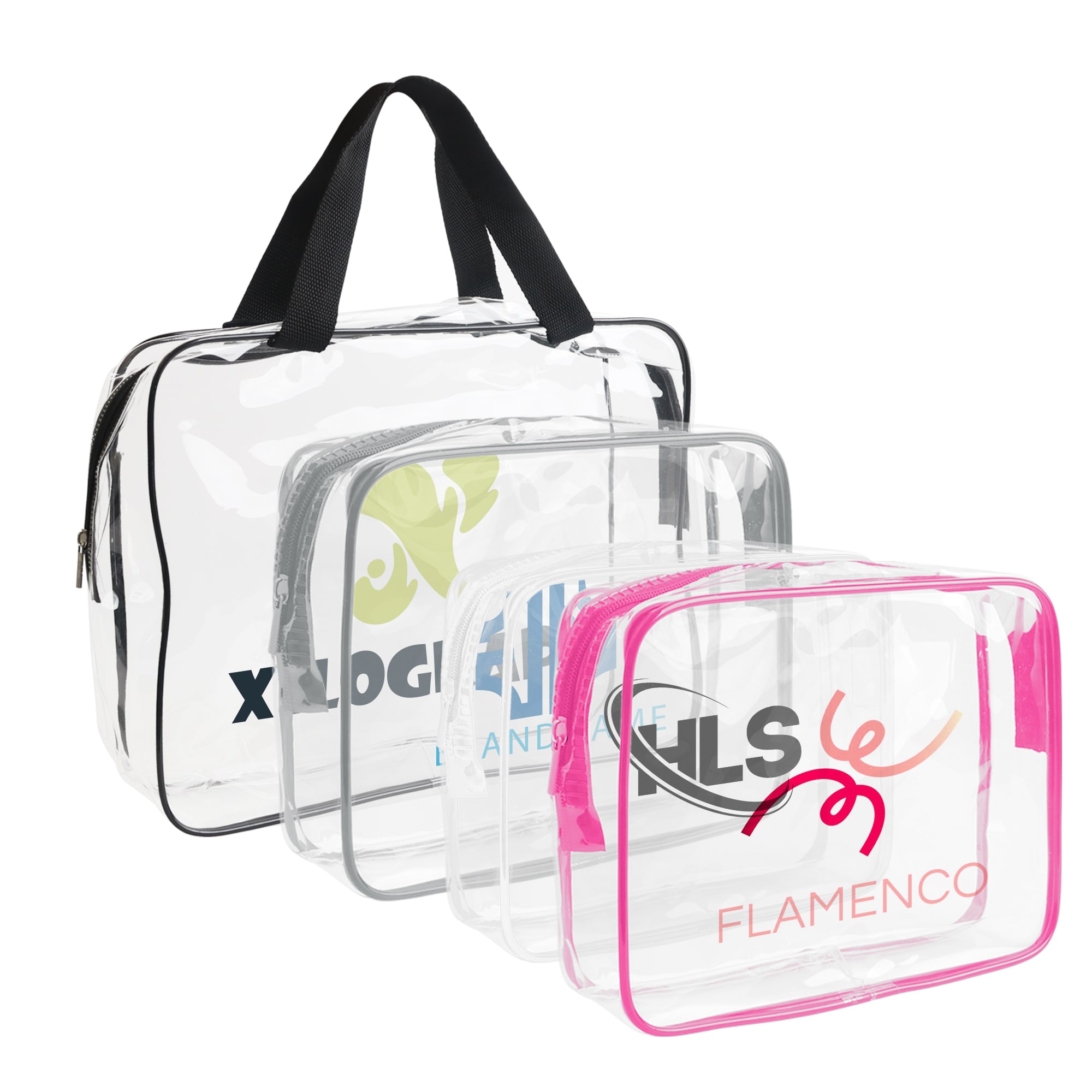 Clear toiletry bags in various sizes, featuring black handles and pink and grey trims, with logos on some bags. Clear Toiletry Bag - Image 1