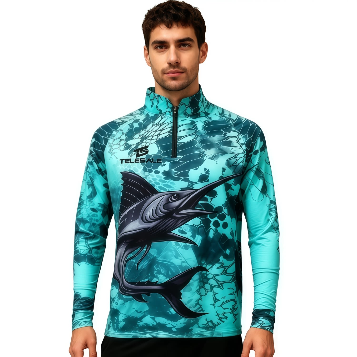 A men's 1/4 zip fishing pullover in turquoise and blue with a fish graphic and a logo. Men's Polyester Spandex Sublimated 1/4 Zip Fishing Raglan Pullover - Image 1
