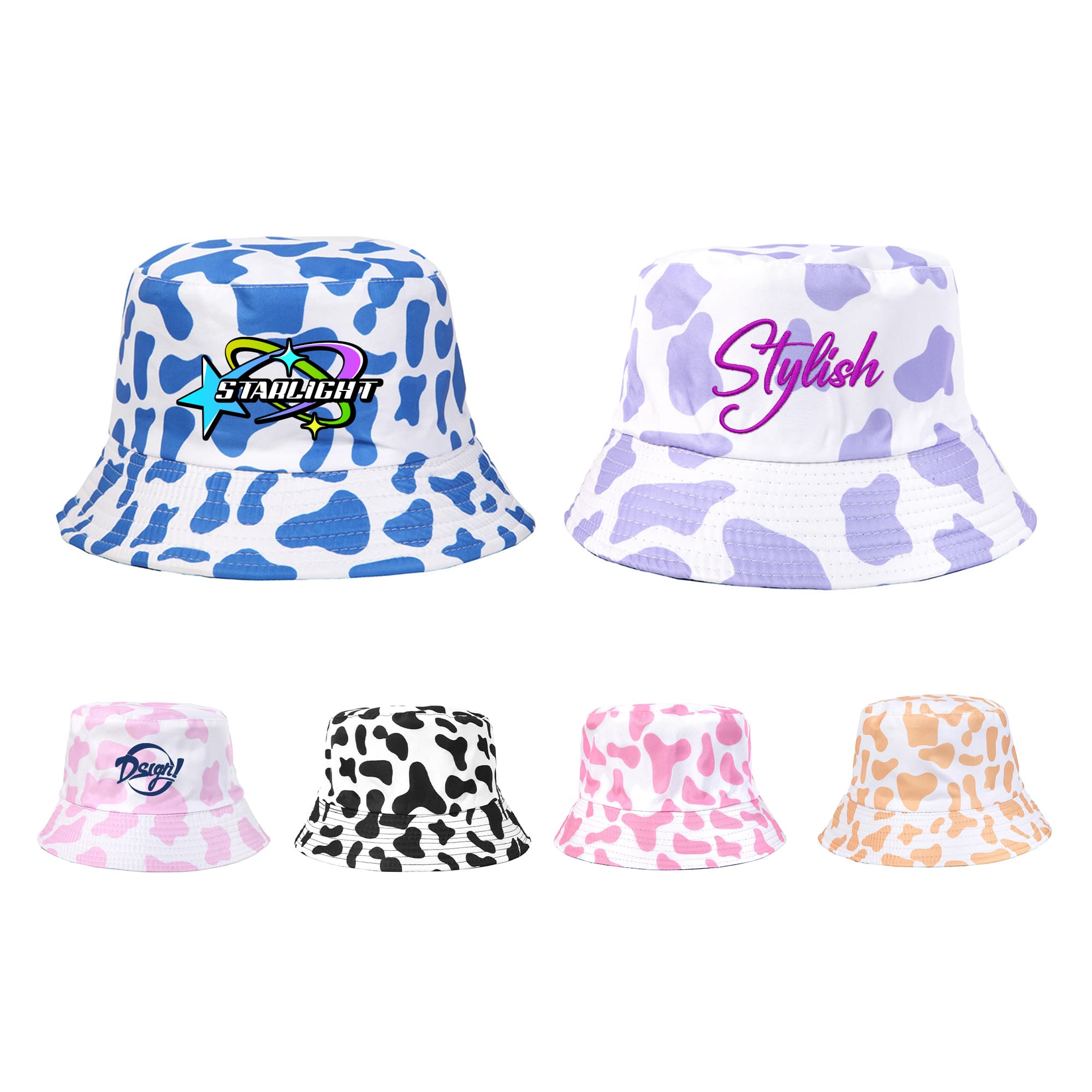 A collection of bucket hats featuring cow print in blue, white, black, pink, and orange, with various logos. Cow Print Bucket Hat - Image 1
