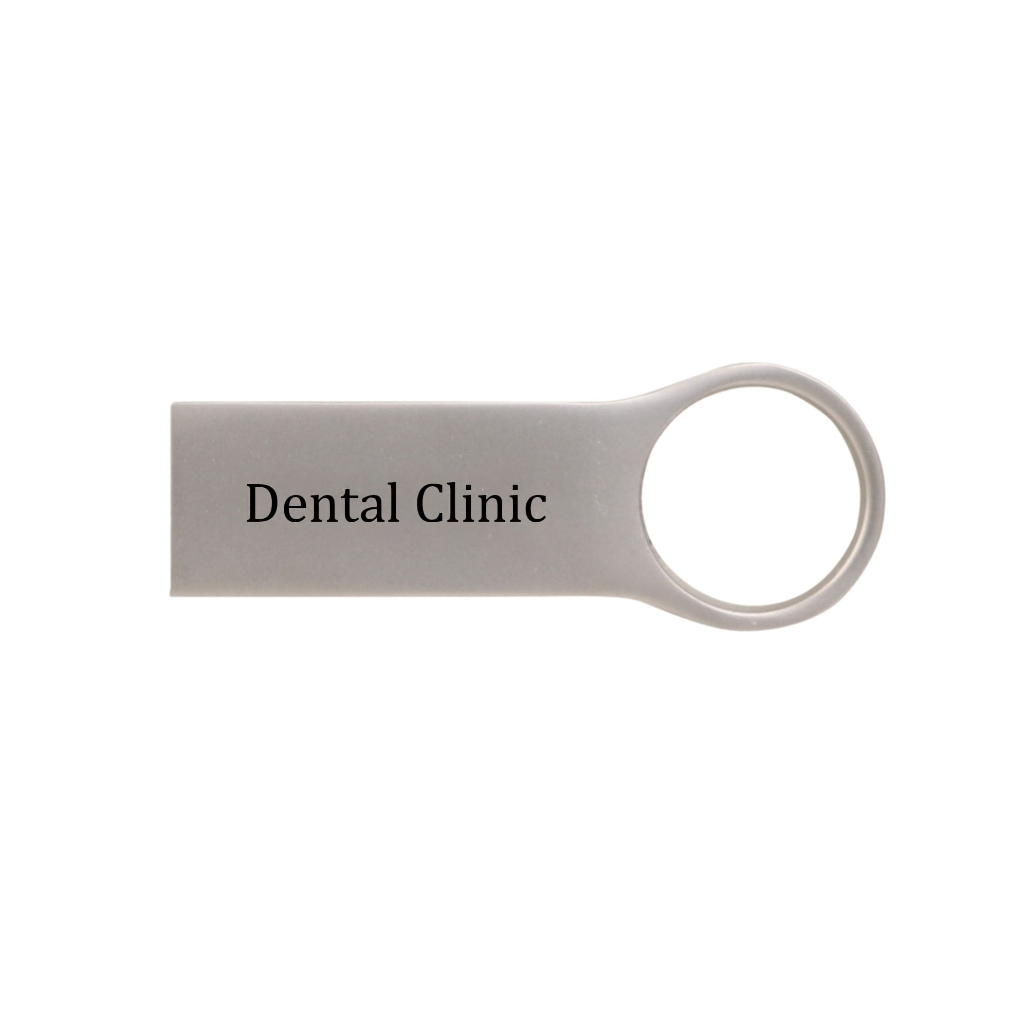 A grey USB flash drive with a circular loop for attachment, featuring text that reads "Dental Clinic." Twister Go USB Flash Drive - Image 1