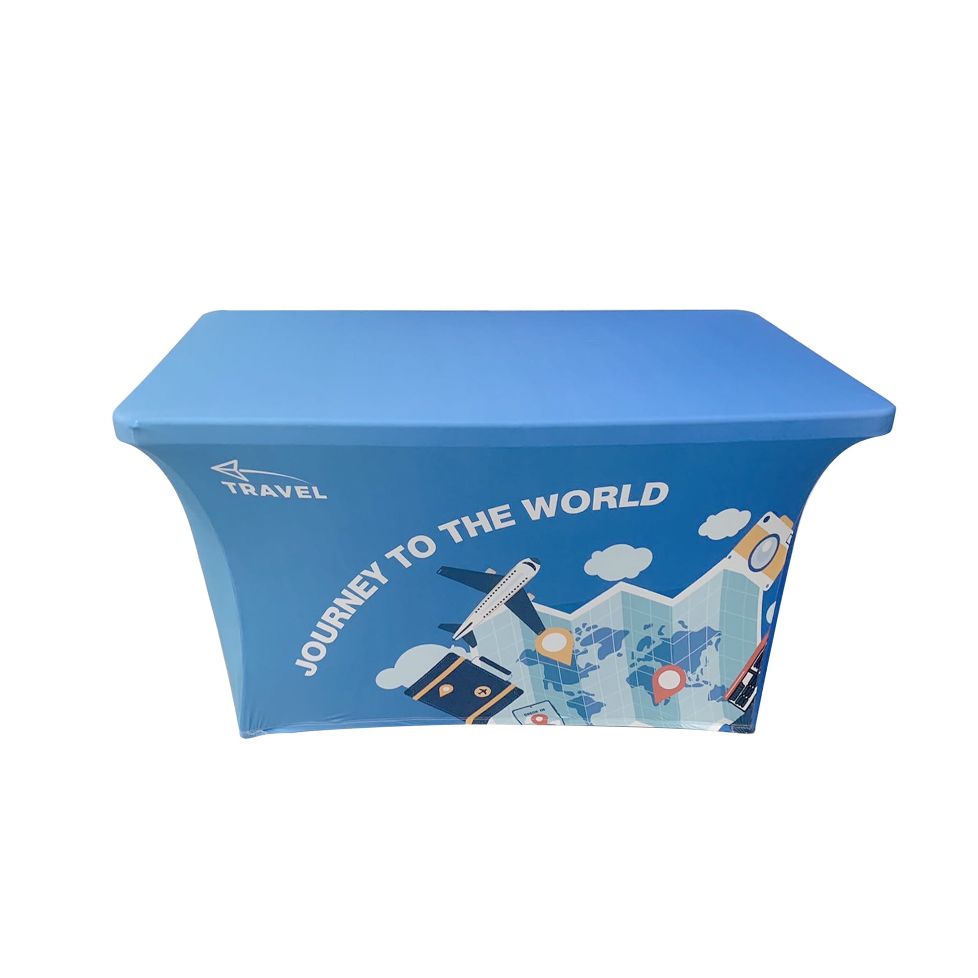 A blue stretch table cover with an open back, featuring a travel-themed design and a logo. Stretch Table Covers with Open Back * 4ft - Image 1