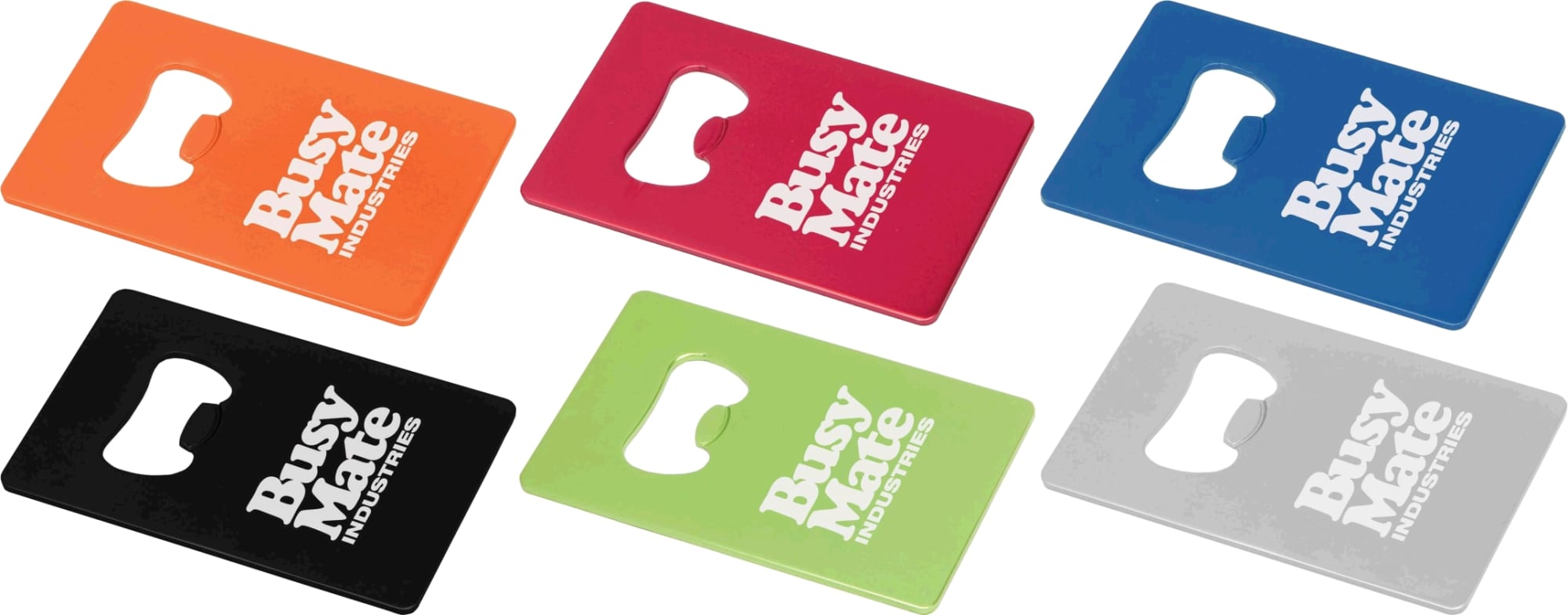 Six colourful drink bottle openers in orange, red, blue, green, black, and silver, featuring a logo. Party Popper, Indent - Image 1