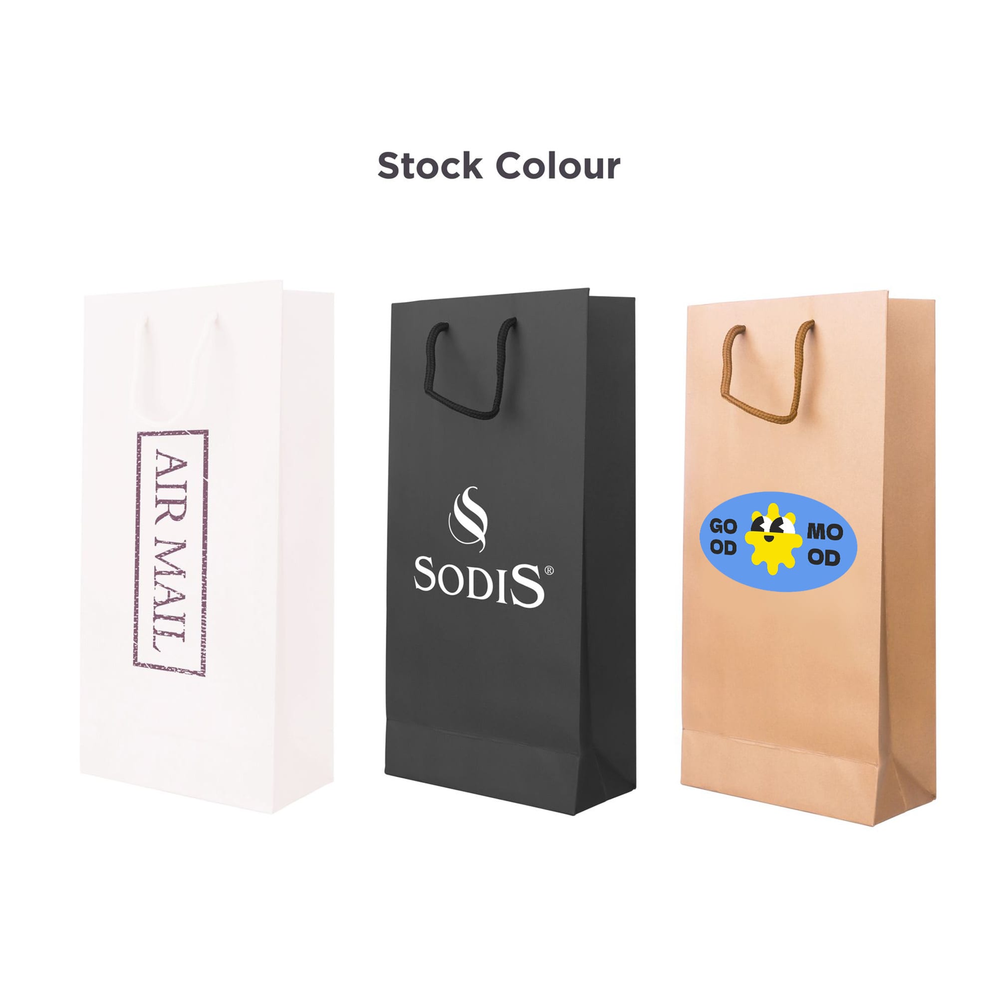 A drink bottle paper bag in white, black, and kraft brown with handles and various logos. Dimensions: 175x360x85mm. Wine Bottle Paper Bag(175x360x85mm) - Image 1