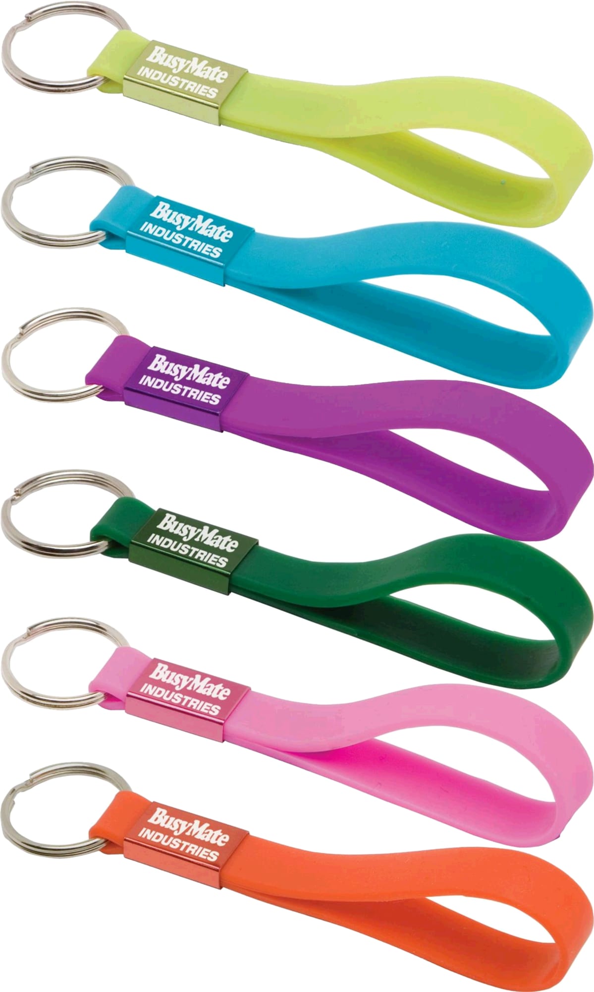 A collection of silicone sling keyrings in various bright colours, featuring a metal keyring attachment. Silicone Sling Keyring - Indent - Image 1