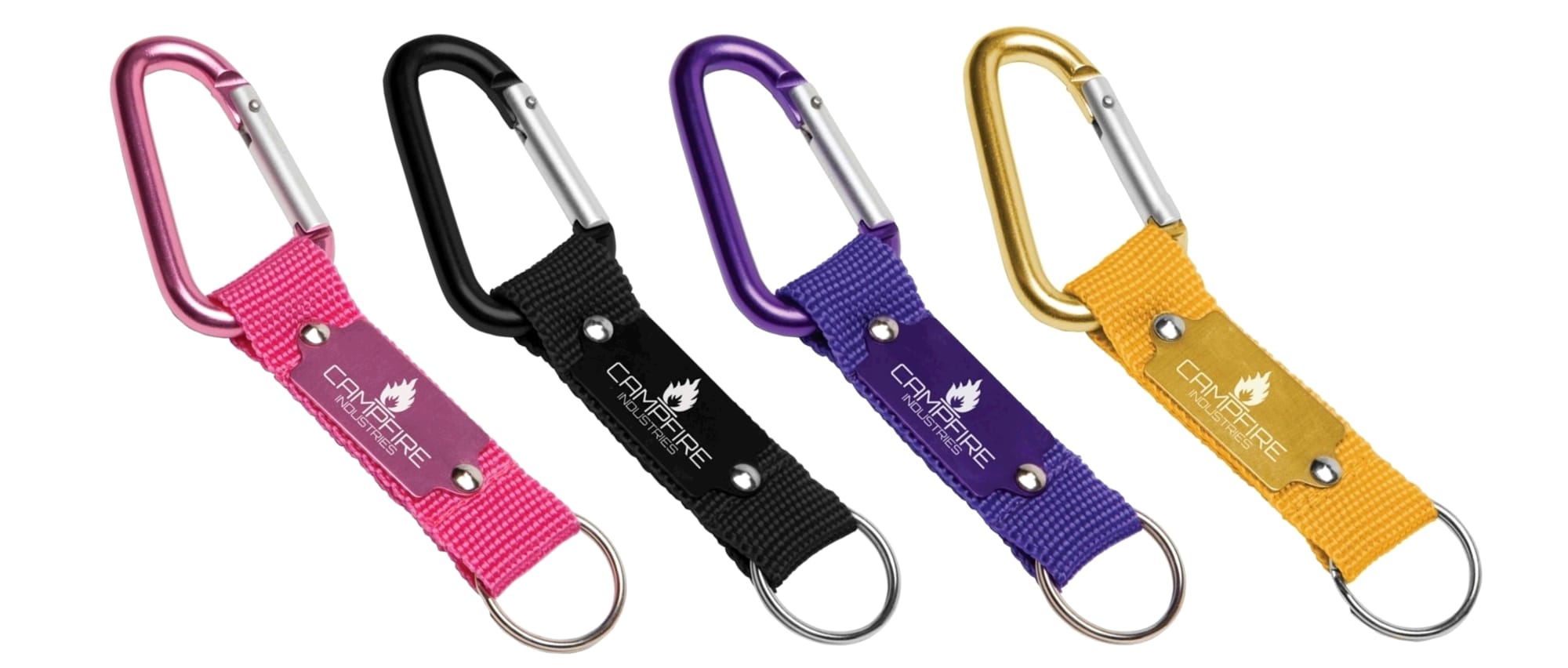 A collection of four carabiner keyrings in pink, black, purple, and gold, each featuring a branding logo. Glacier Combo Keyring - Indent - Image 1