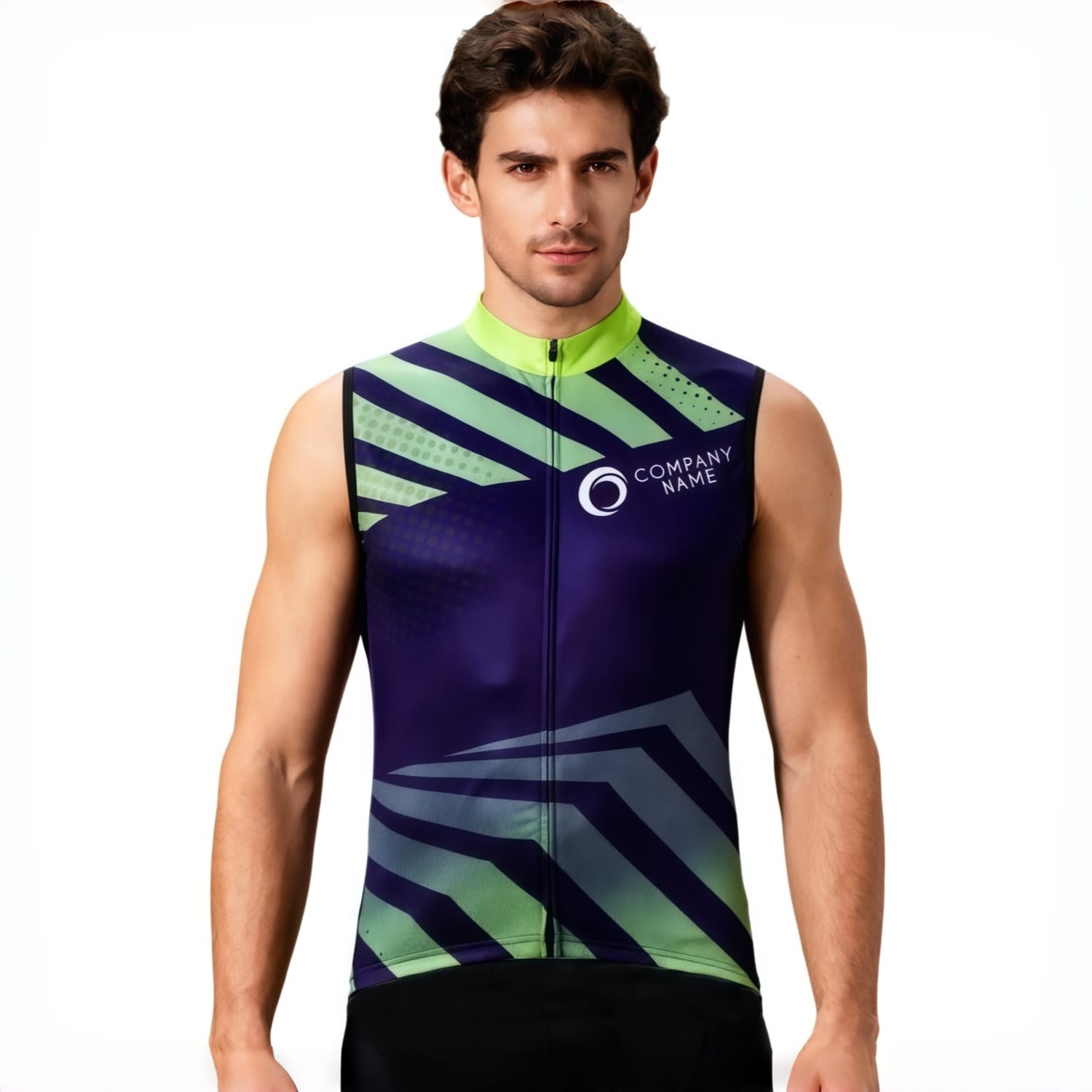 A men's sleeveless cycling vest in purple and green, featuring a geometric design and a logo. Men's Sublimated Cycling Vest - Image 1